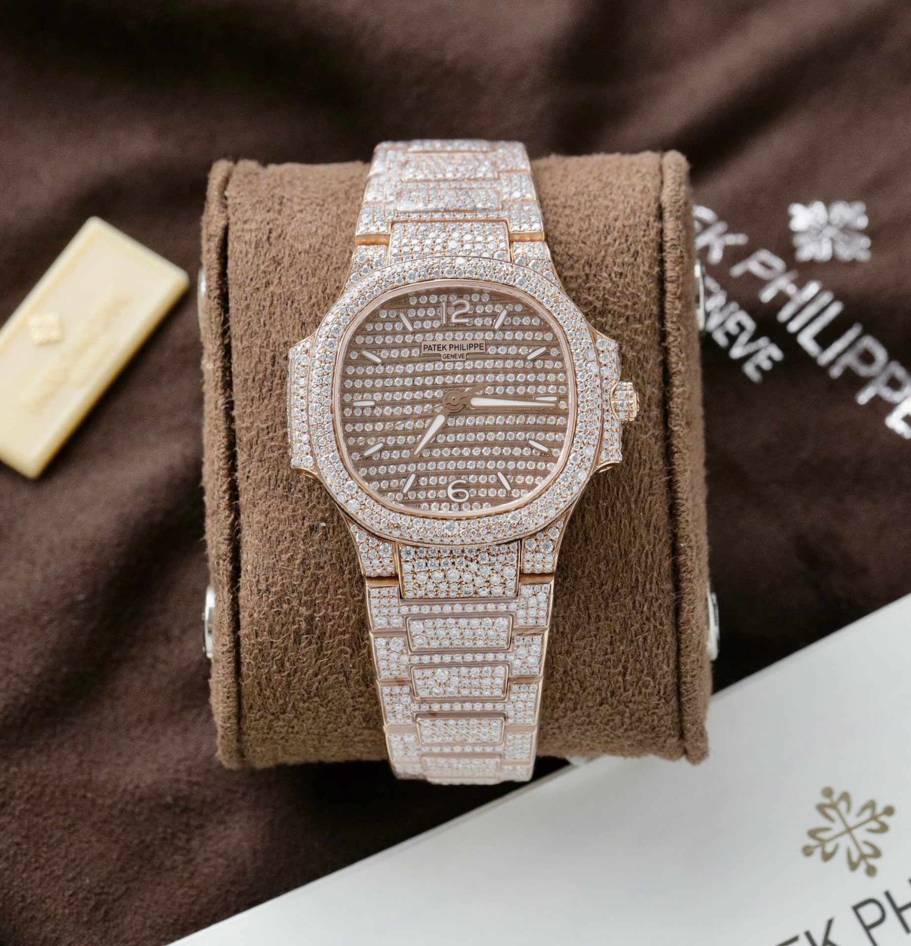 Patek Philippe Nautilus 7118 Replica Watch Gold Wrapped + Moissanite Diamonds Custom 35.2mm - Elite Watch Atelier