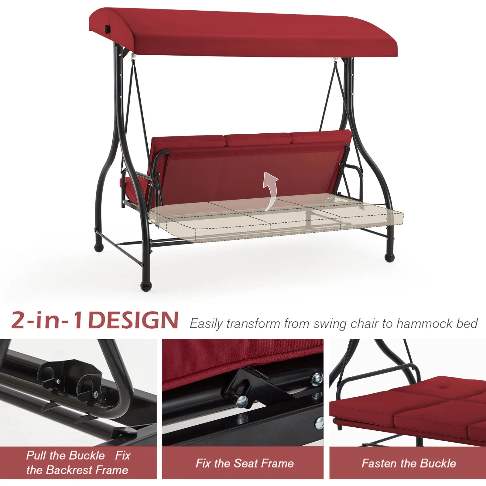 AECOJOY 3 Person Canopy Steel Porch Swing, Converting Swing Glider Hammock-Beige - Image 22