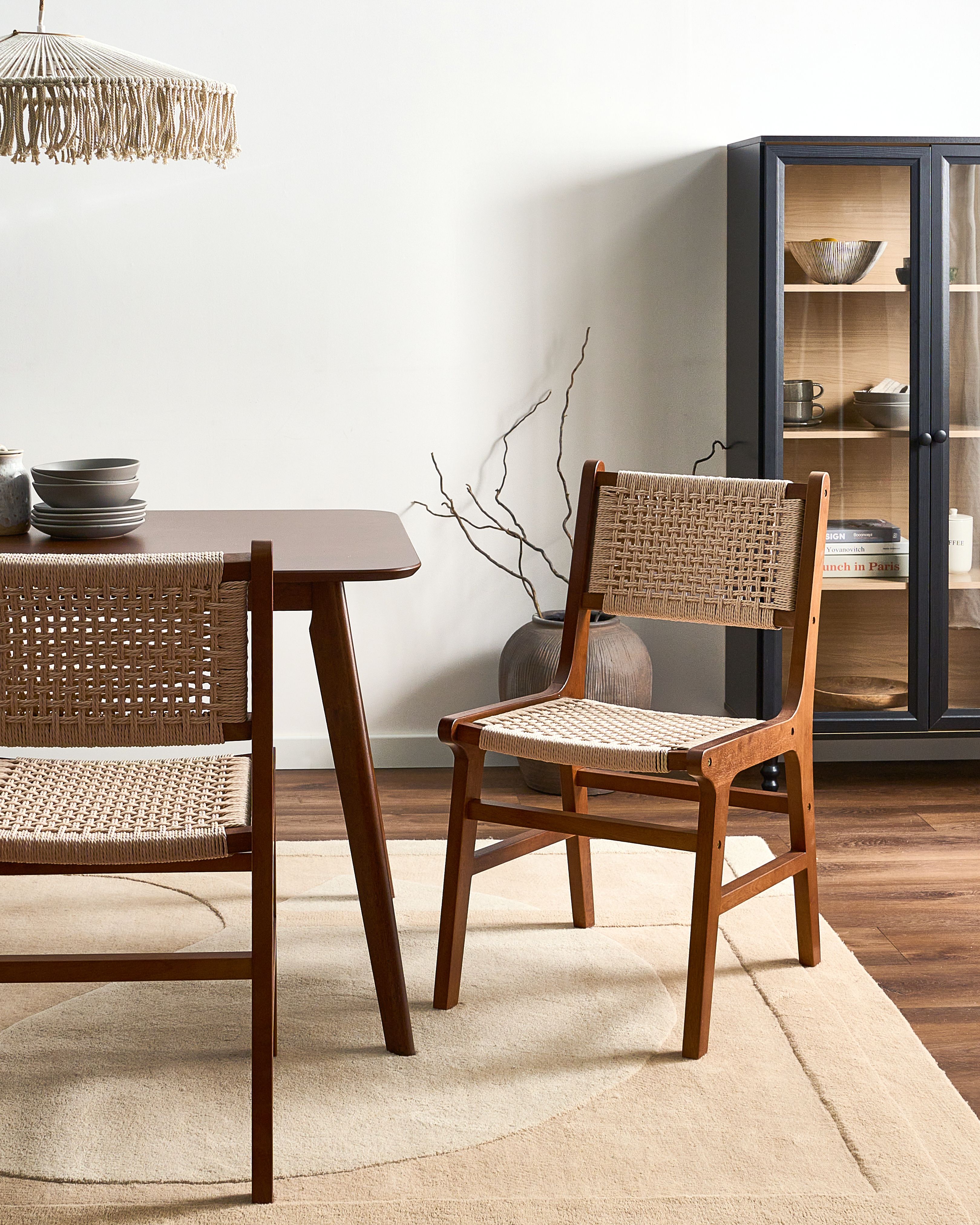 Set of 2 Dining Chairs OZELLA Wood Brown/ Beige