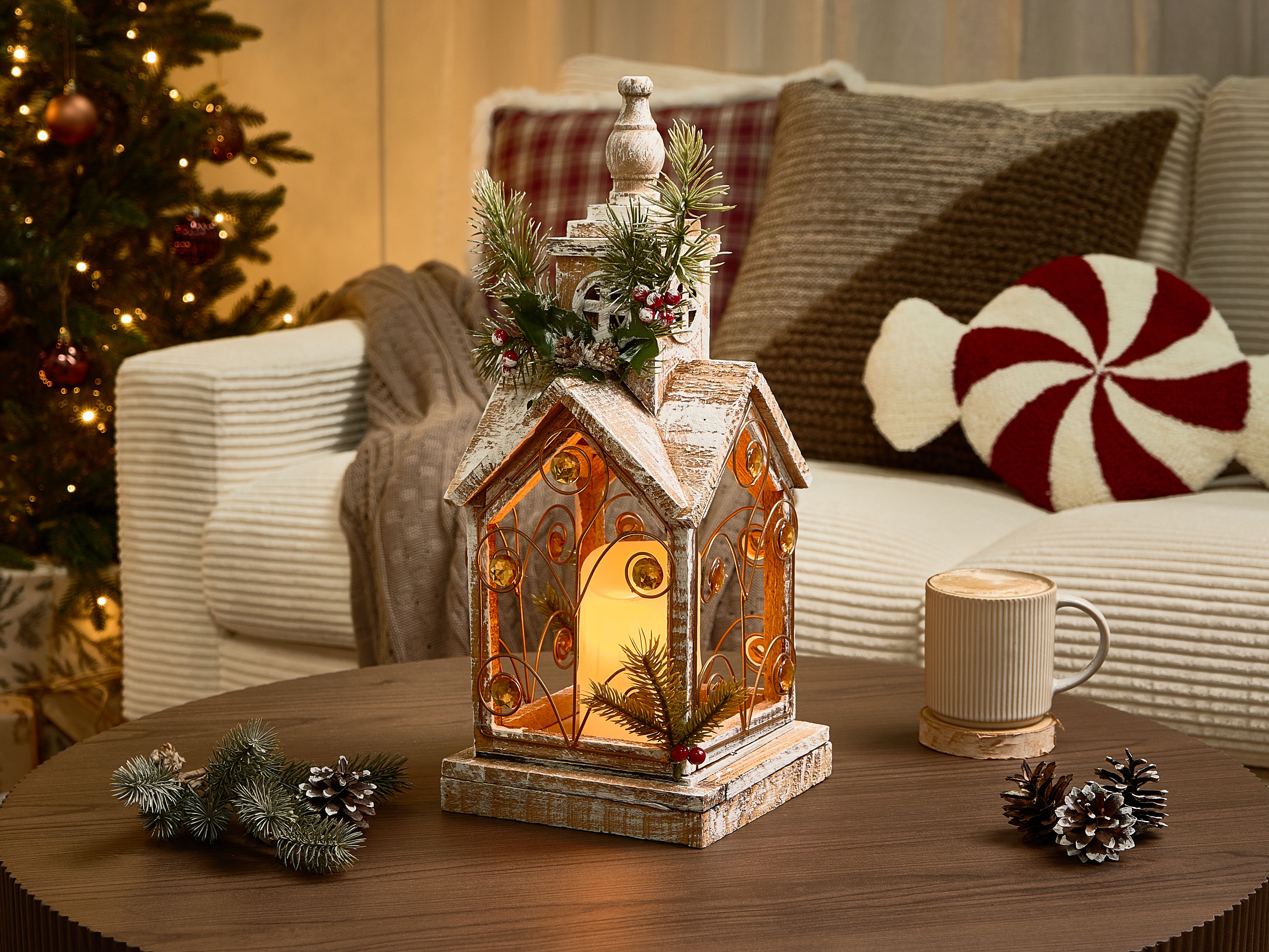 LED Lantern SYVANSI Christmas Motif 46 cm Light Brown