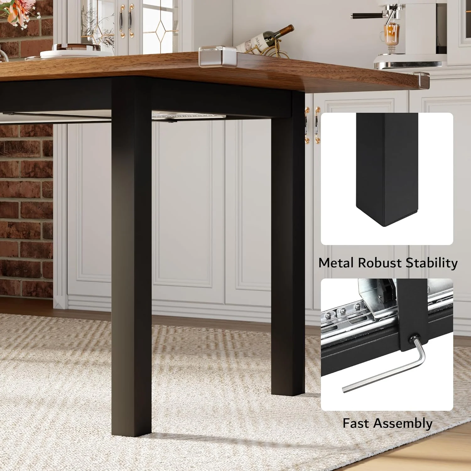 iPormis 63" Extendable Dining Table for 4-8, Square Wooden Dining Room Table with Metal Base, Modern Extendable Table for Small Kitchens, Dining Office Areas, Black - Image 21