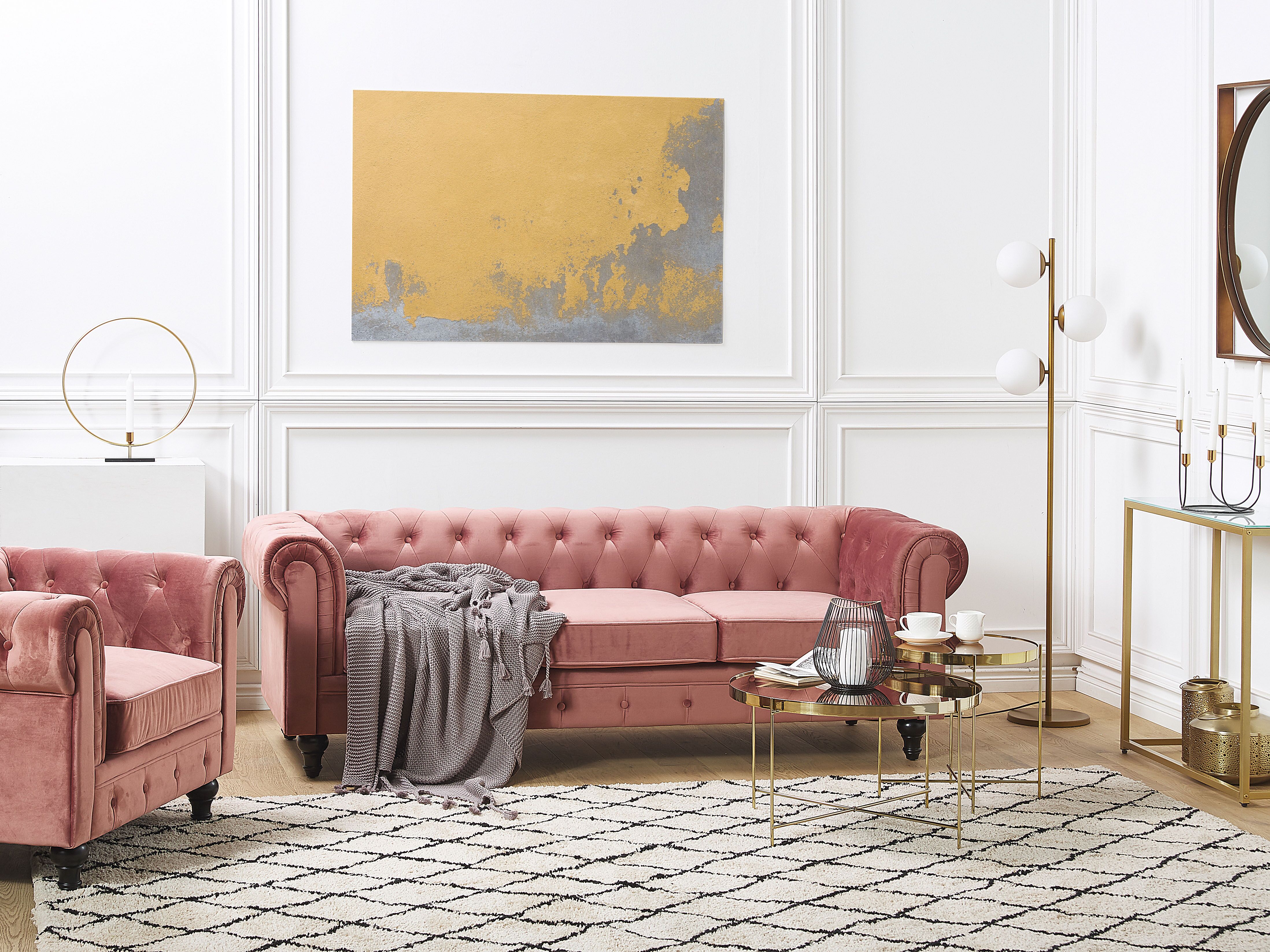Living Room Set 4 Seater CHESTERFIELD Velvet Pink