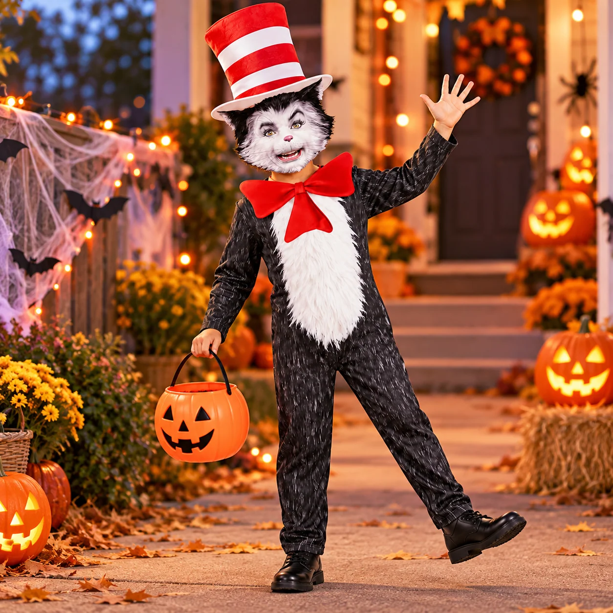 4-Piece Cat Halloween Cosplay Costume for Kids, Scary Cat Jumpsuit Set with Mask, Striped Hat & Bow Tie for Boys & Girls, Ages 11-12 - Image 12 4-Piece Cat Halloween Cosplay Costume for Kids, Scary Cat Jumpsuit Set with Mask, Striped Hat & Bow Tie for Boys & Girls, Ages 11-12 - Image 12