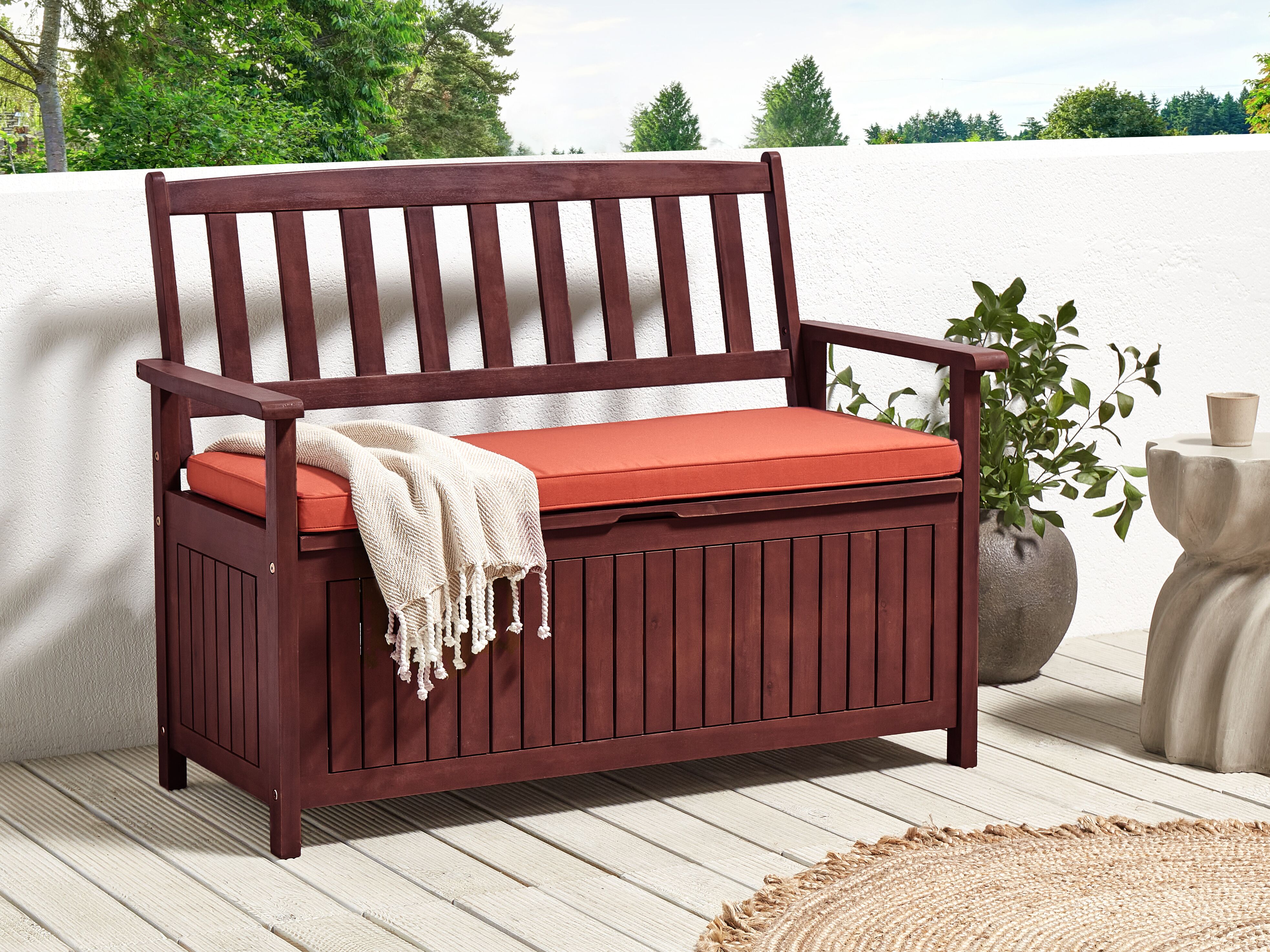 Garden Bench with Cushion SOVANA 120 cm with Storage Acacia Wood Red