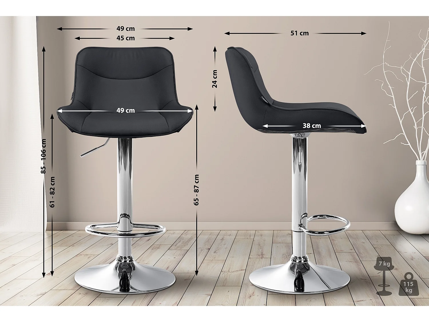 Tabouret de bar - Similicuir (PVC) & Chrome - Noir - Vonore
