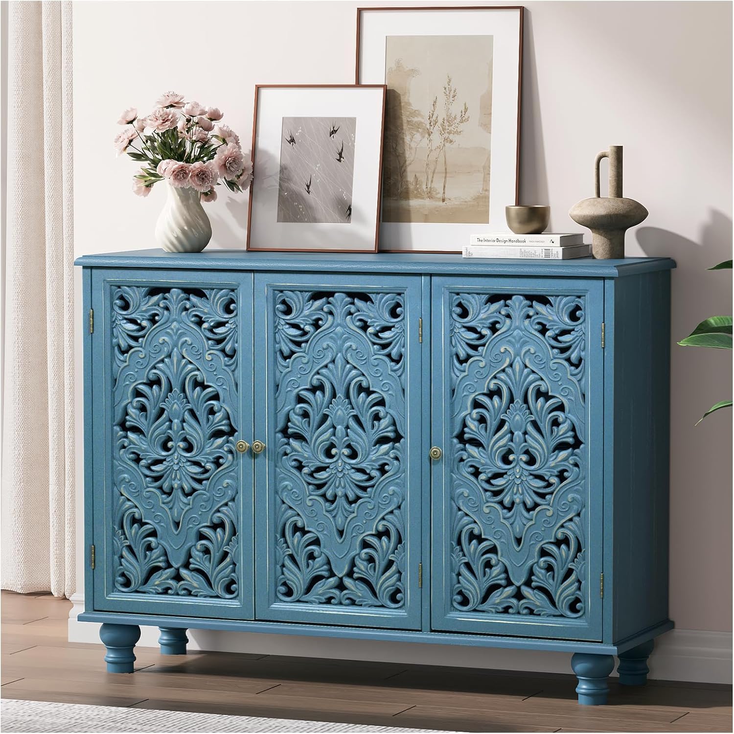 JOINICE Accent Cabinet with 3 Carved Doors, Distressed Blue Sideboard Buffet with Storage & Solid Wood Legs, 43
