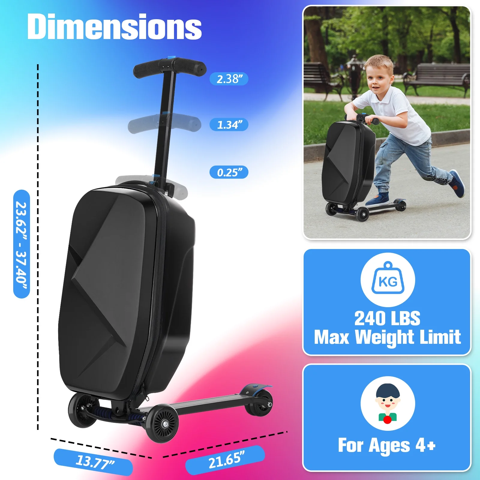 Advwin Scooter Luggage for Kids & Adults, Hardside Ride on Suitcase for Kids Ages 4-15 Multifunctional Lightweight Foldable Carry on Luggage with Wheels Ride on for Children Teenagers, Pink - Image 23