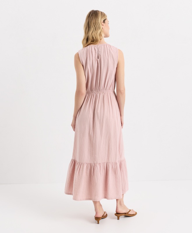Organic Coastal Double Gauze Tiered Midi Dress - Pink