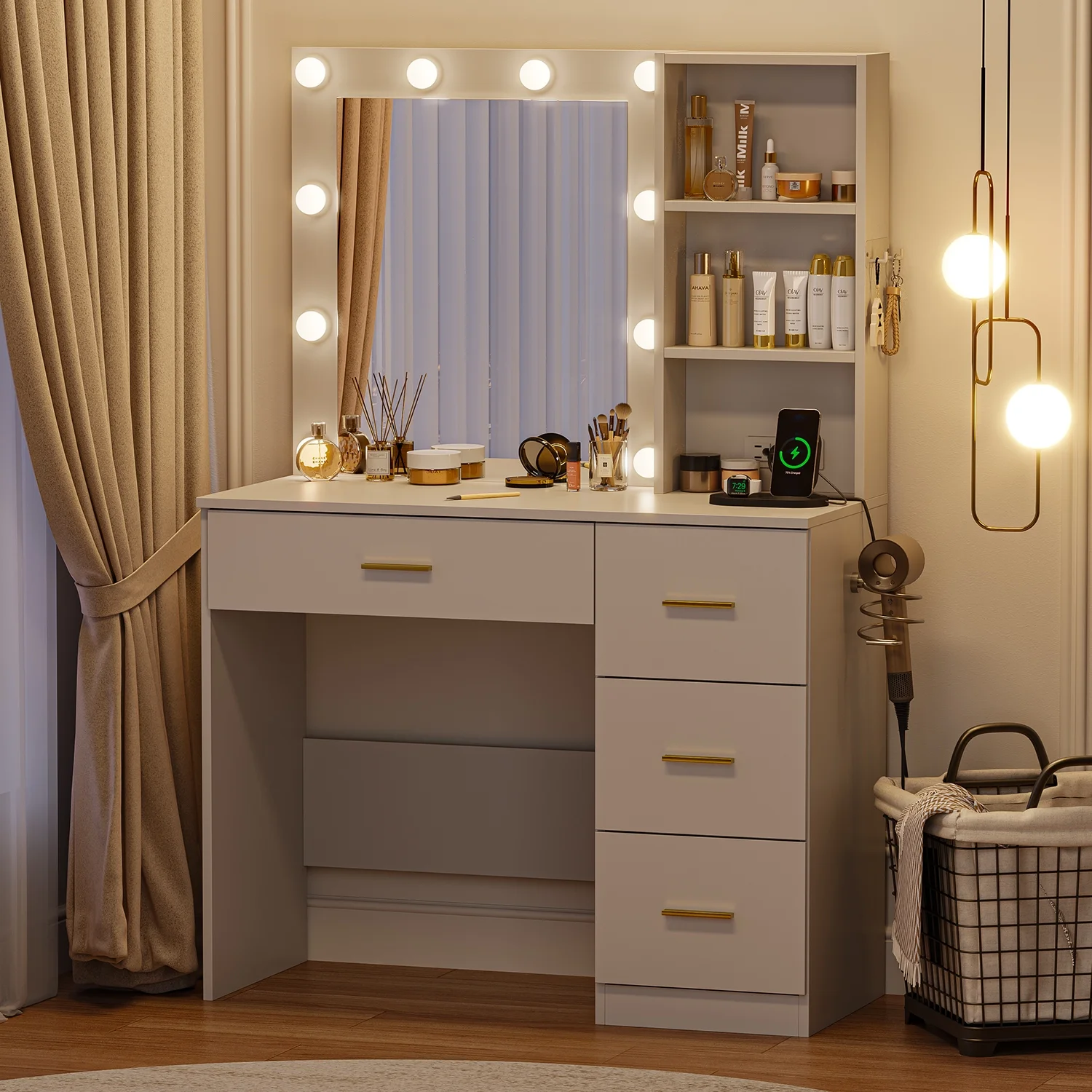 Makeup Vanity with Mirror and 3 Color Lights,Vanity Dressing Table with USB Charging Station,4 Drawers,Open Storage Shelves,White - Image 11