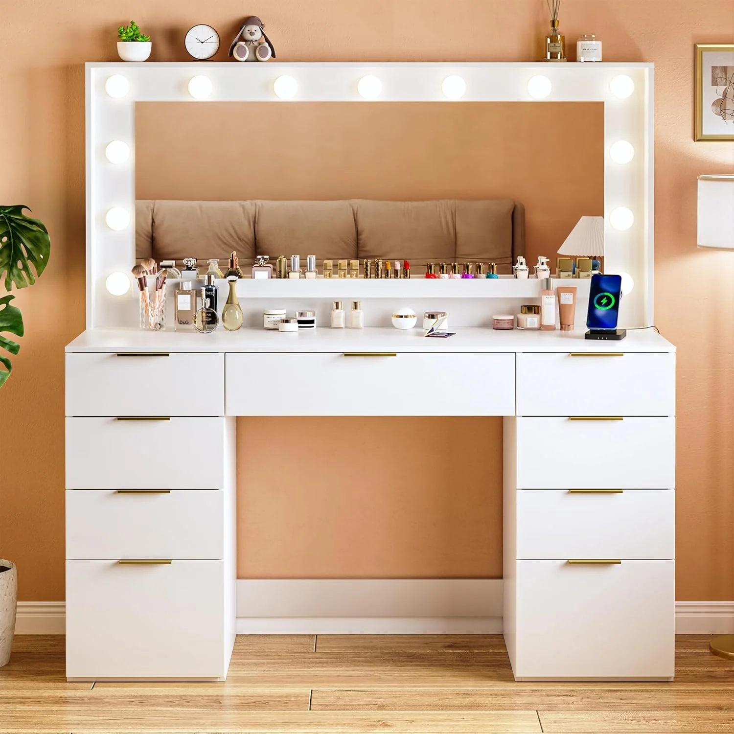 Fixwal 45.3" White Makeup Vanity Table with 9 Drawers, LED Lighted Mirror & Power Outlet - Image 8 Fixwal 45.3" White Makeup Vanity Table with 9 Drawers, LED Lighted Mirror & Power Outlet - Image 8