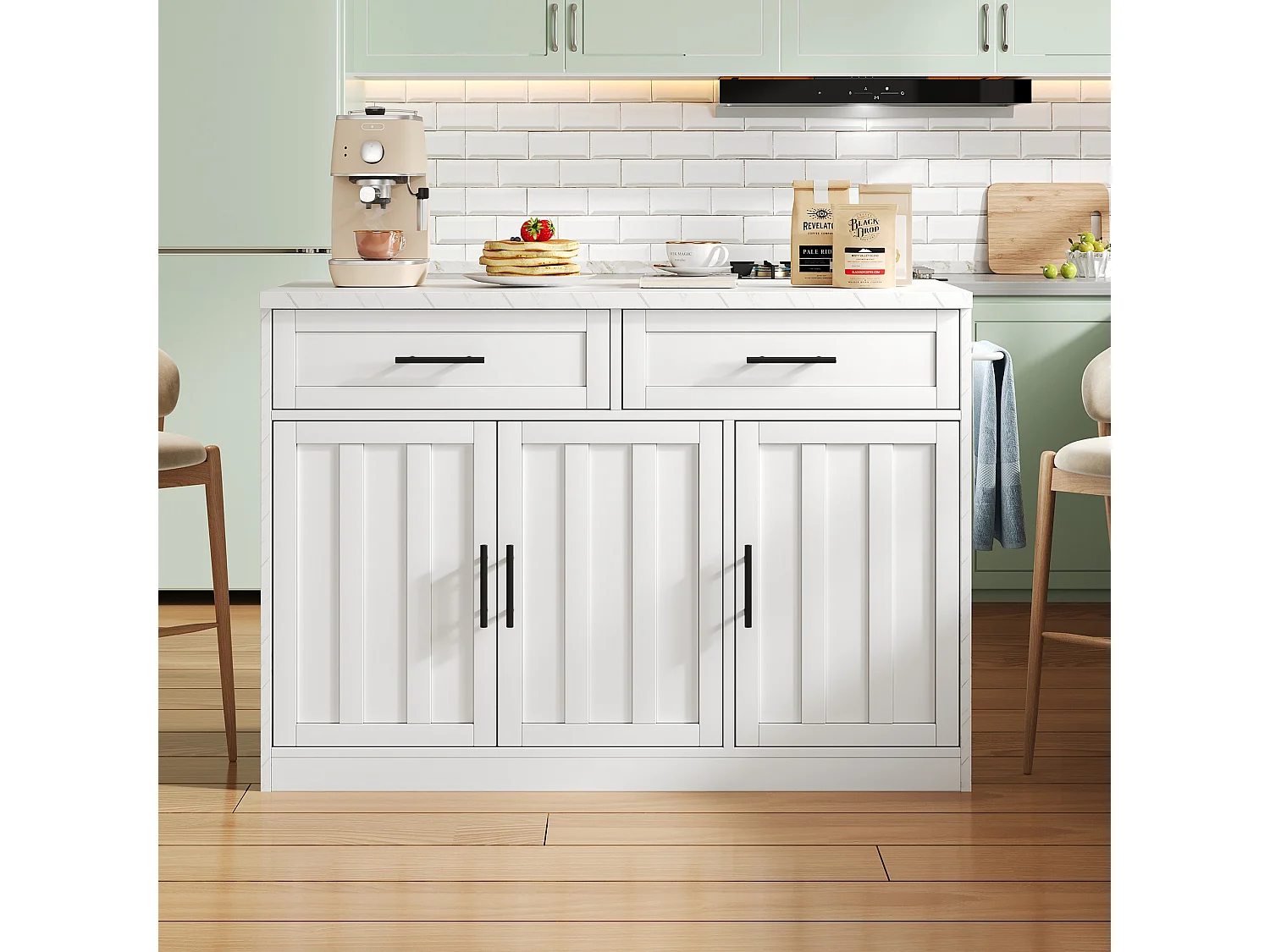 Îlot central blanc, îlot de cuisine avec prises USB, 3 portes et 2 tiroirs - MDF - pour salon et cuisine