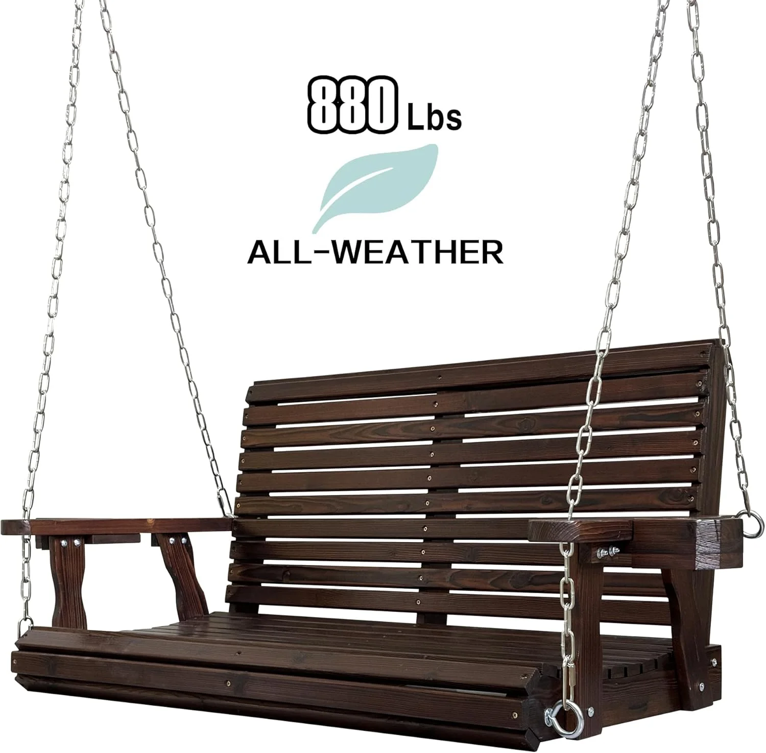 Fortune Candy 3 Person Outdoor Wood Hanging Swing, Heavy Duty 880 lbs Wood Porch Swing, Brown-5ft - Image 42