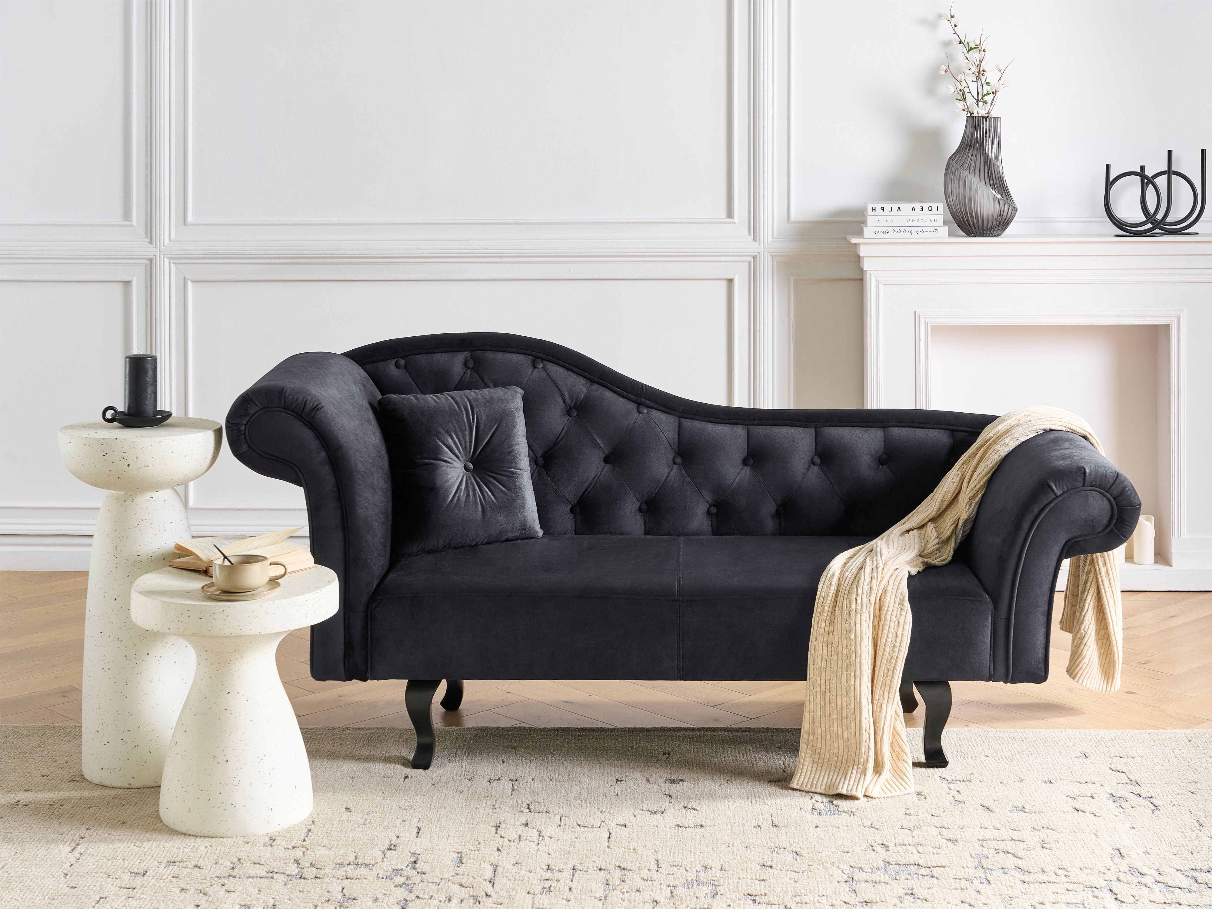 Left-Hand Chaise Lounge LATTES II Velvet Black with Cushion