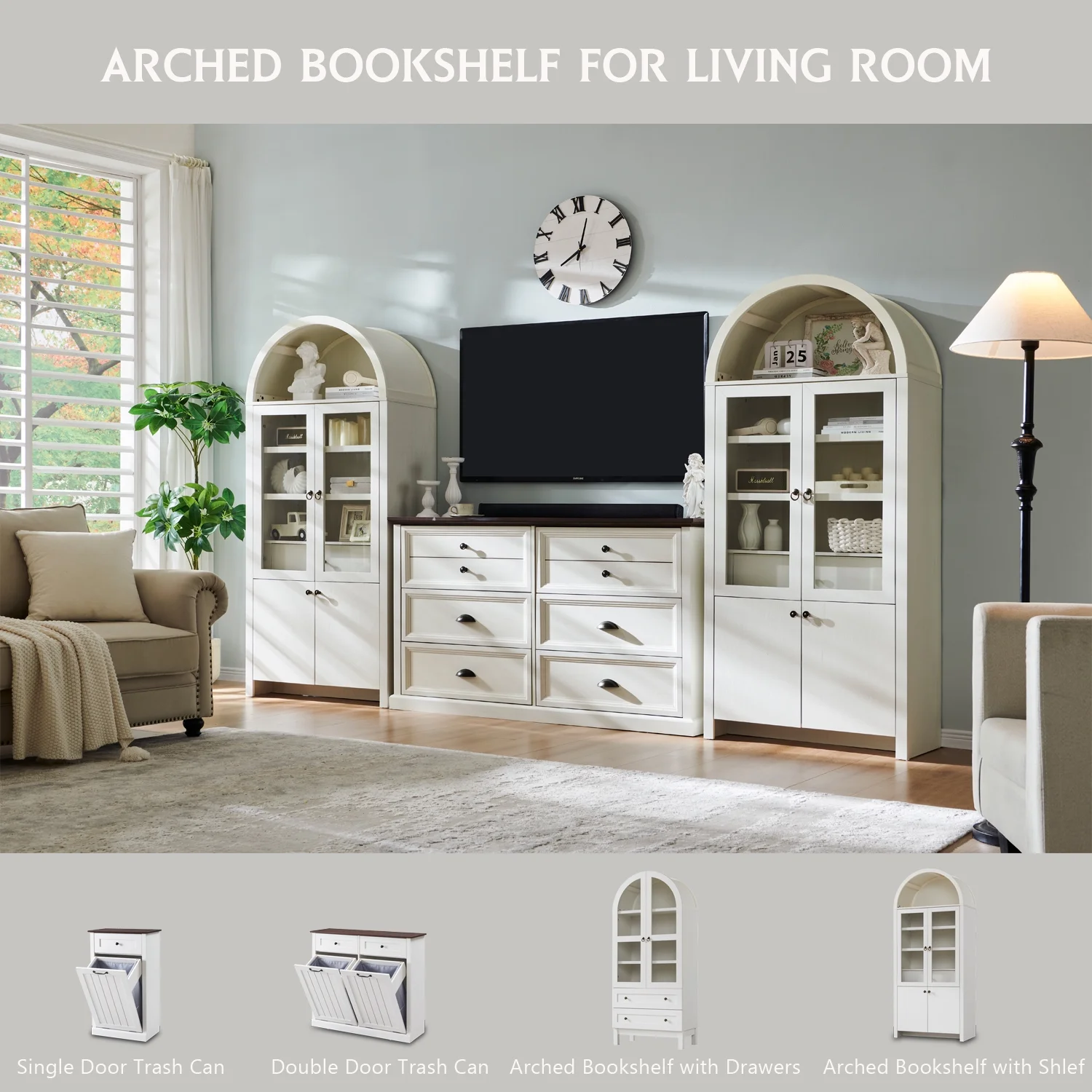 IFGET 71-Inch Arched 4-Tier Bookcase with Glass Doors and Drawers - Image 61