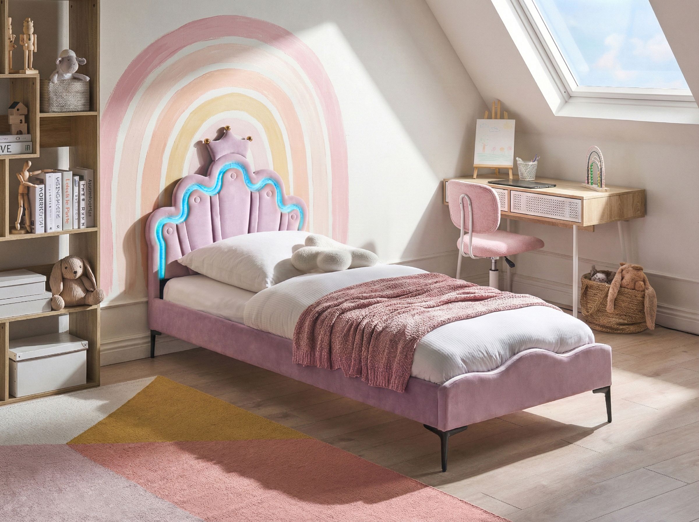 Kids Bed Crown Velvet RUBIAN 90 x 200 cm (EU Single) with LED Lights Violet