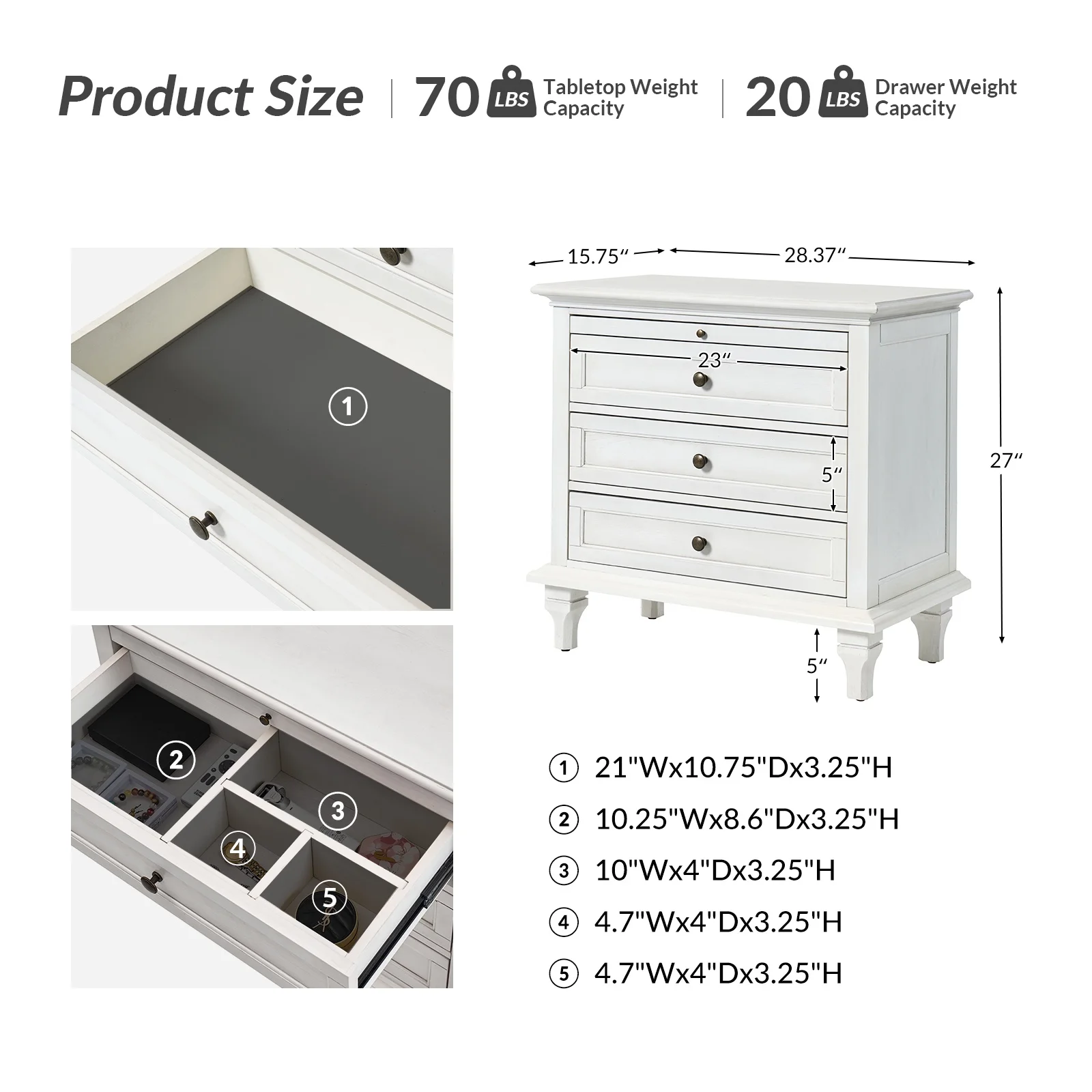 Farmhouse 3 Drawers Nightstand with Tray Bedside Table with Charging Station Acorn - Image 17