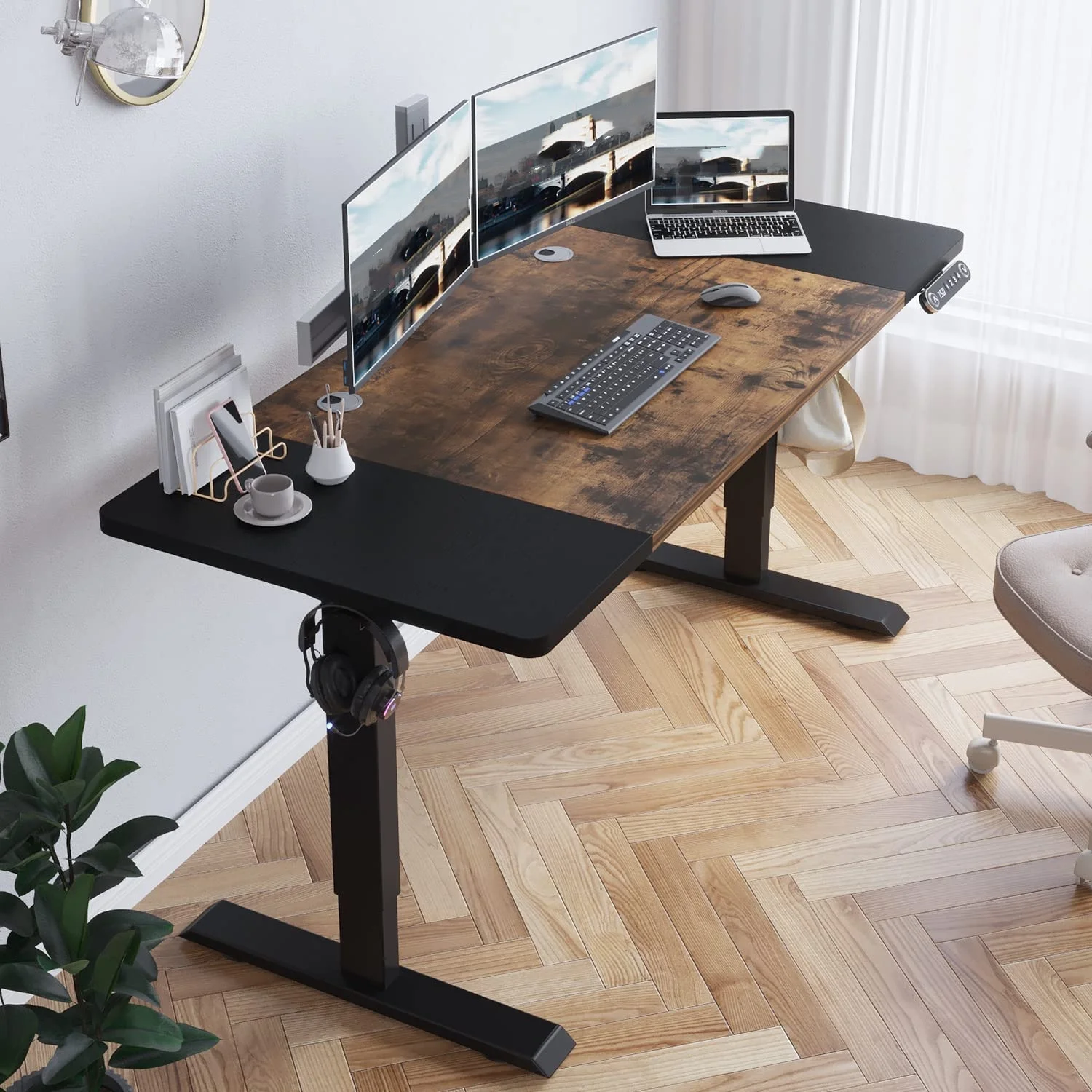 Electric Height Adjustable Standing Desk CometMin 63x 30 Inches Stand Up Desk Workstation Splice Board Home Office Computer Standing Table Ergonomic Desk (Black+ Brown, 63x30'')