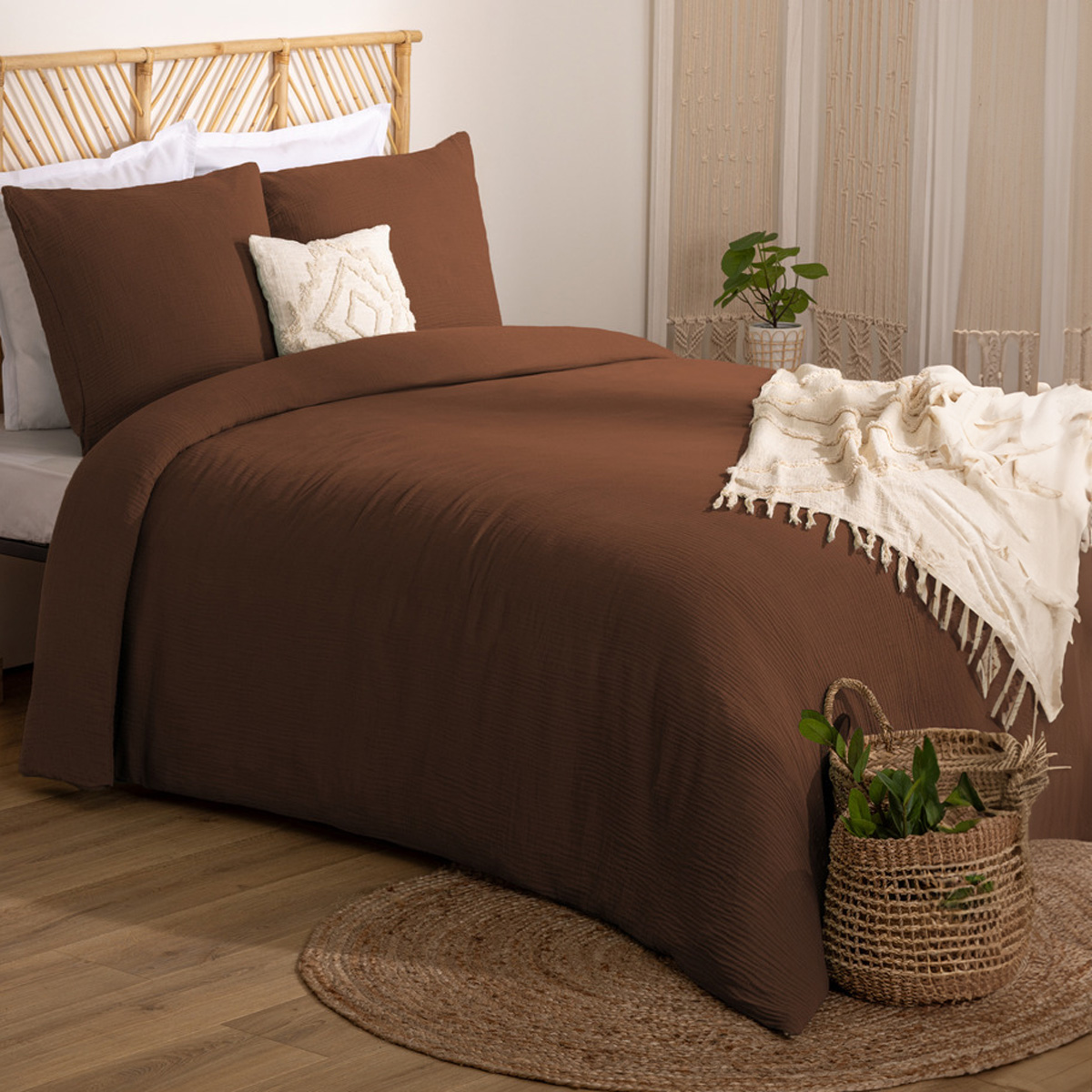 3-piece bed set "Flora" Cotton gauze, Brown, 260x240 cm