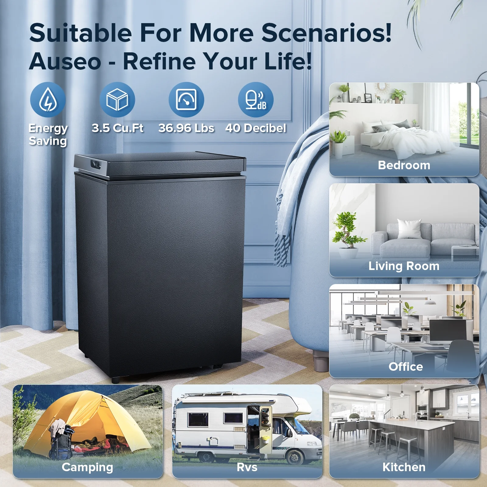 Auseo Mini Freezer Chest 3.5 cu ft, Black Deep Freezer & Side Handle, Compact Freezer with 7 Gear Adjustable Temperature, Removable Storage Basket*2, Energy Saving - Image 9