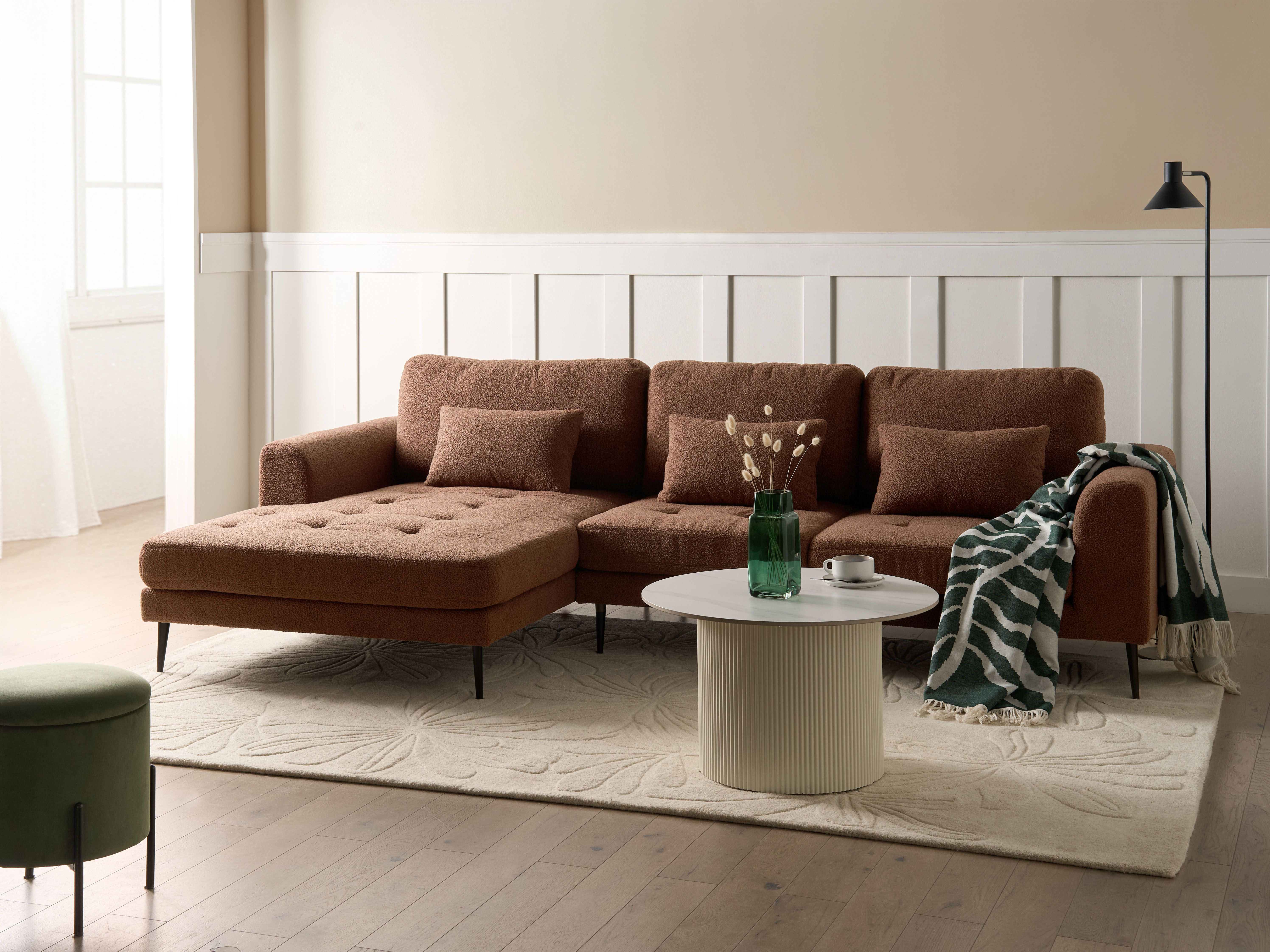 Corner Sofa 3 Seater FLAM Boucle Brown Right Hand