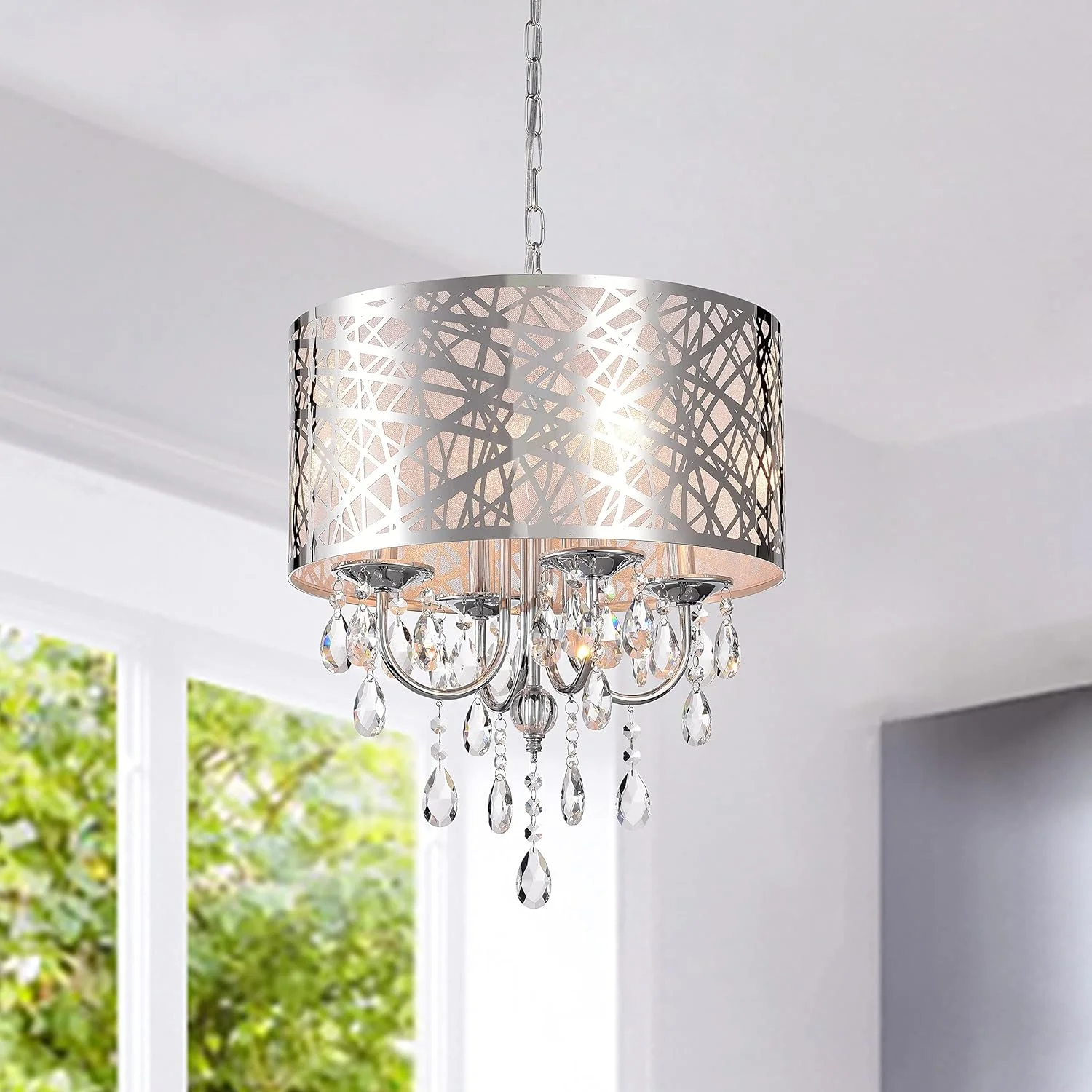 4-Light Drum Chandelier, Crystal Chandelier Fixture, for Bedroom, Dining Room, Living Room, Hallway, Bar, Chrome Finish