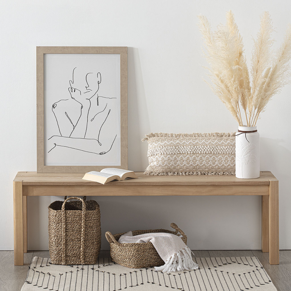 Set of 3 rectangular handled baskets Woven reed, H.25/31/41 cm