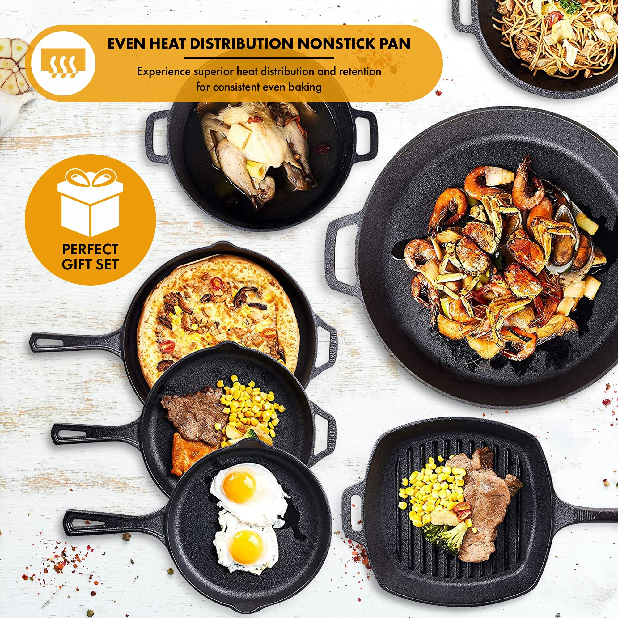 Bruntmor Pre-Seasoned Cast Iron Cookware Set - 8-Piece Bundle with Skillets, Grill Pan, Dutch Oven, Pizza Pan, and Utensils - Durable Pots and Pans Set for Cooking - Ideal Gift for Home or Camping