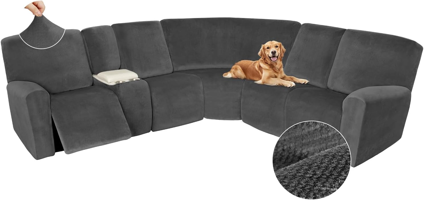 Arfntevss Sectional Recliner Couch Covers Velvet Washable Corner Sectional Sofa Cover for Reclining Stretch Soft Thick L Shape Recliner Slipcover Set (5 Seat with 1 Console Cover, Charcoal Gray)
