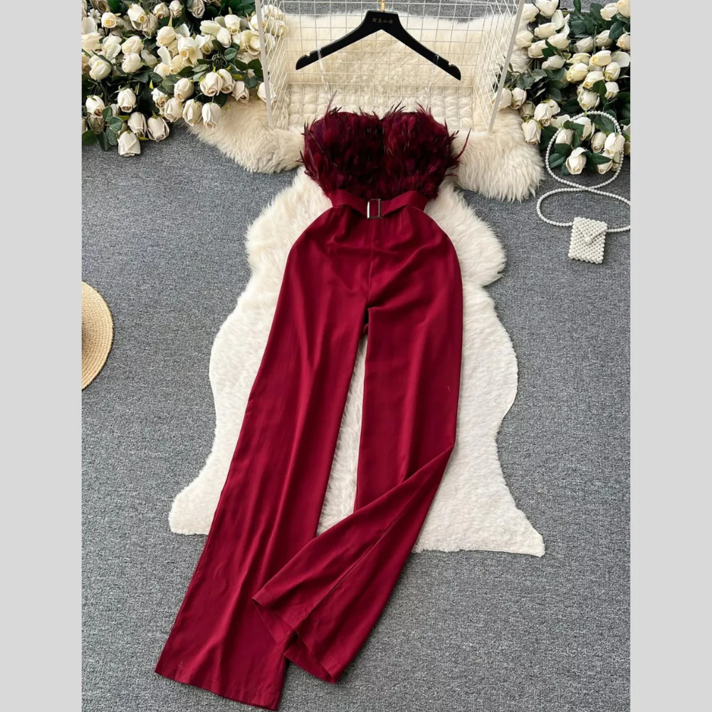 Feather Trim Strapless Wide Leg Jumpsuit - ZKZOOK