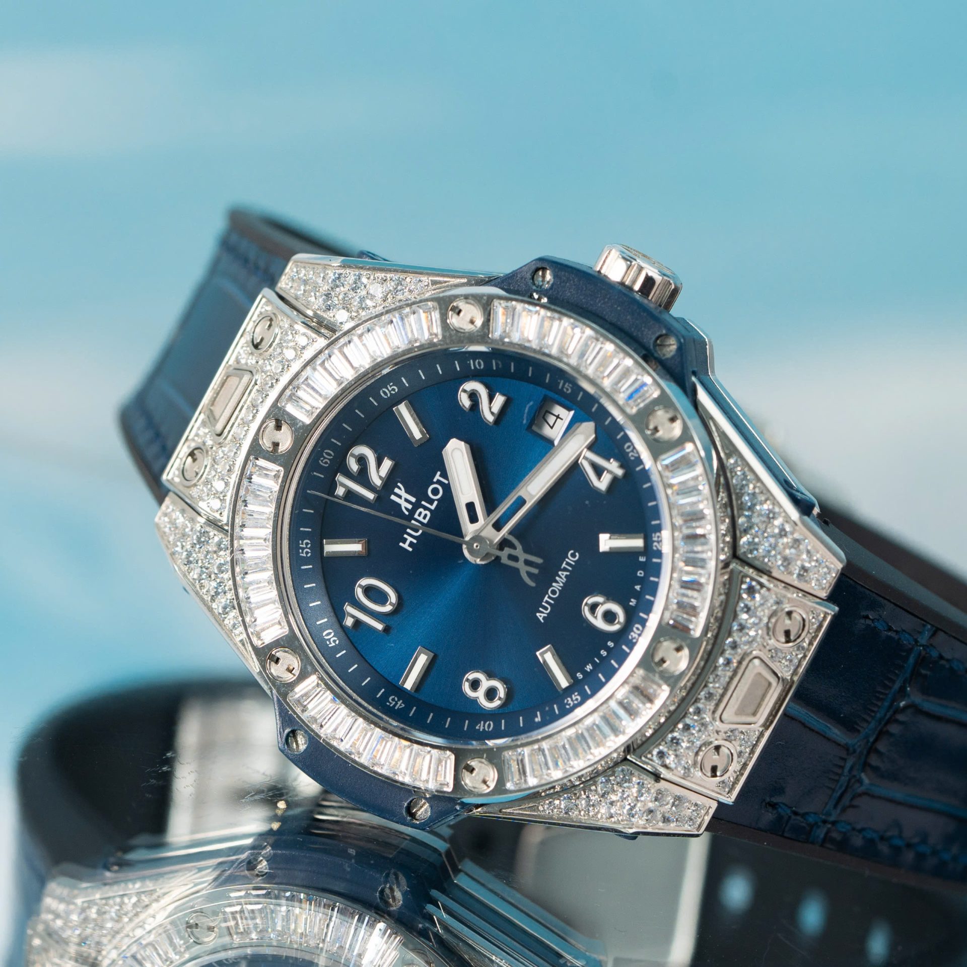 Hublot Replica 11 Watch Big Bang One Click Blue With Full Diamond 39mm - Elite Watch Atelier