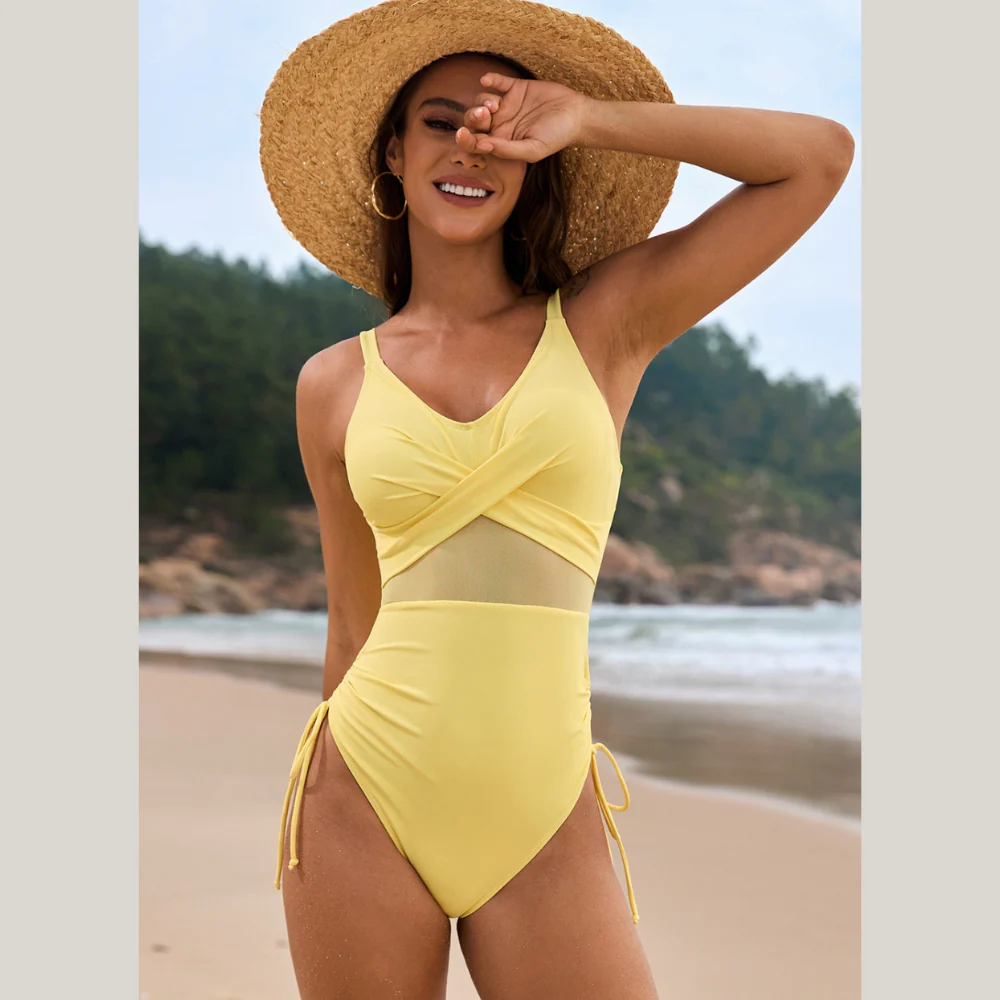 Drawstring Ruched V-Neck One-Piece Swimwear - ZKZOOK