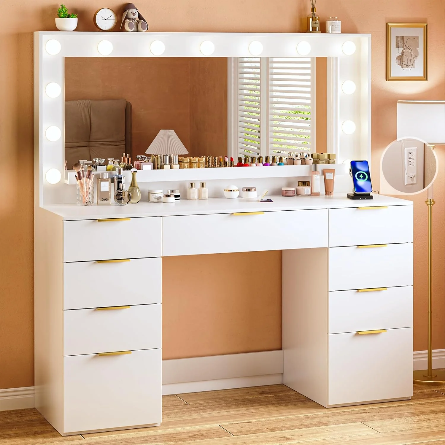 Fixwal 45.3" White Makeup Vanity Table with 9 Drawers, LED Lighted Mirror & Power Outlet - Image 2 Fixwal 45.3" White Makeup Vanity Table with 9 Drawers, LED Lighted Mirror & Power Outlet - Image 2