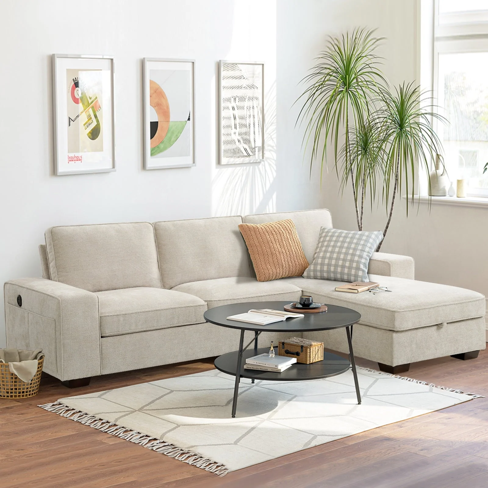 ASHOMELI 98.45'' Convertible Sectional Sofa,L Shaped Couch,Multi-Functional Reversible Sofa with USB and Type-C Charging Ports, Storage Space, Breathable Fabric