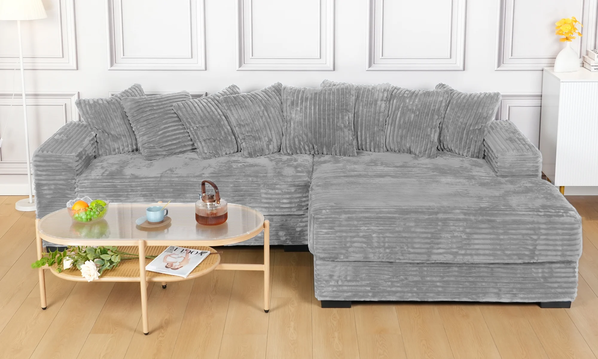 Advwin 110" Oversized L Shaped Sofa with Chaise, Comfy Plush 2-Piece L-Shaped Sectional Couches with 8 Pillows, Soft Fluffy Upholstered Sofa Bed for Living Room Apartment Bedroom, Light Gray - Image 9