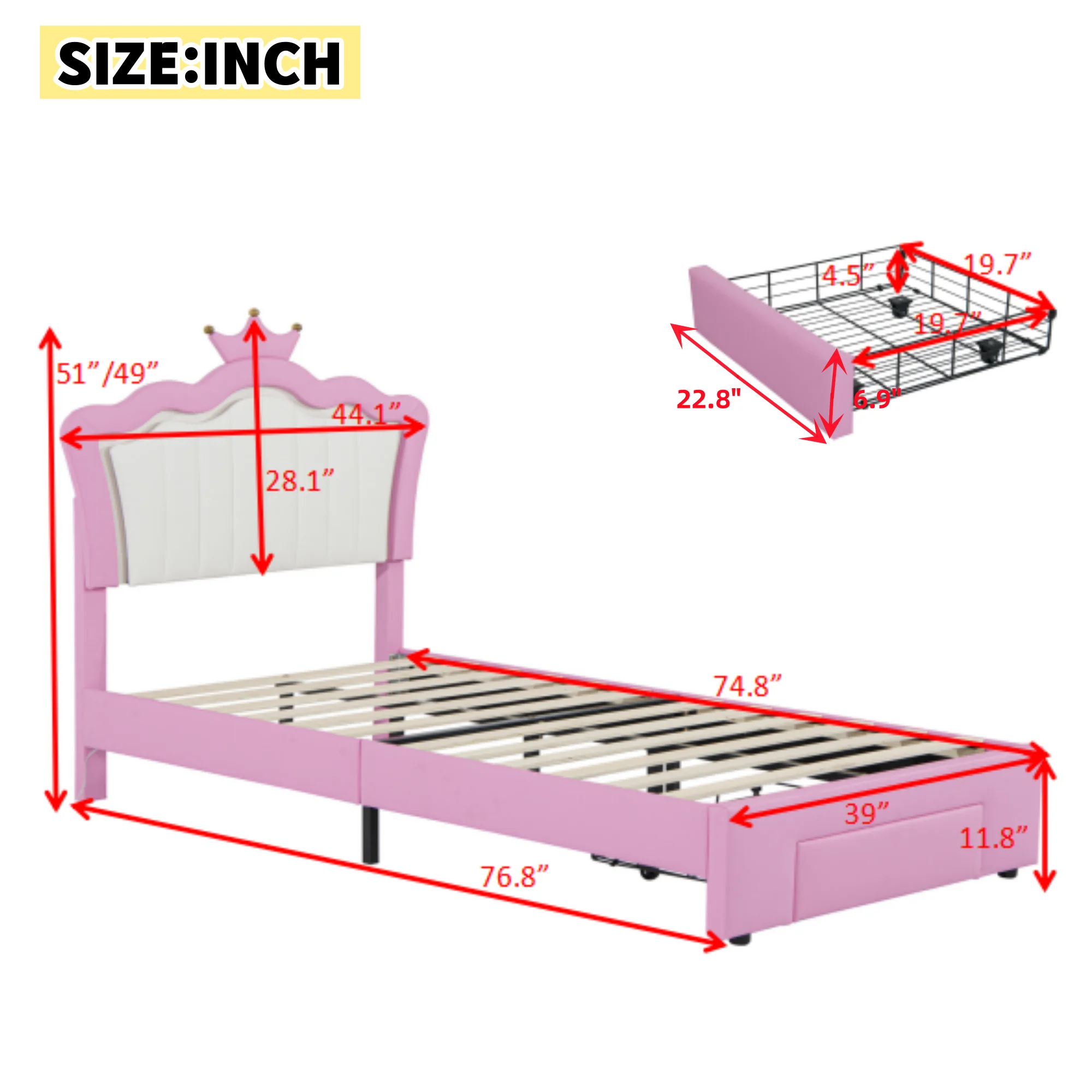 Miniyam Upholstered Twin Size Bed with LED Lights, Crown Headboard for Kids, Pink - Image 8