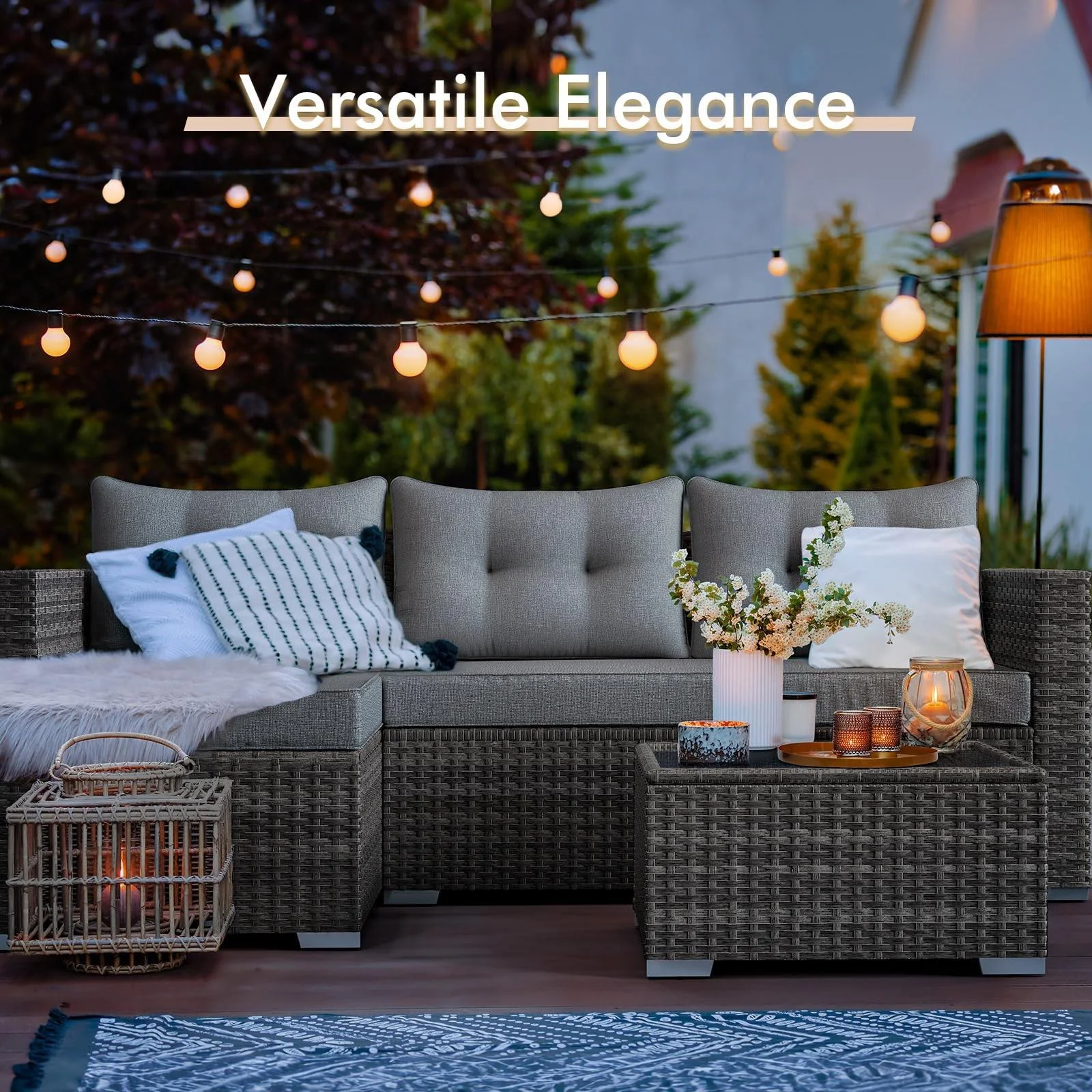 JOIVI 3 Pieces Patio Conversation Set, PE Wicker Rattan Outdoor Furniture Set, 2 Ways Small Sectional Sofa, Tempered Glass Coffee Table, Silver-Gray - Image 13