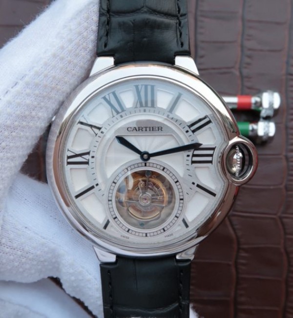 Replica Cartier Ballon Bleu Tourbillon 44mm SS Black Leather Strap - Top club