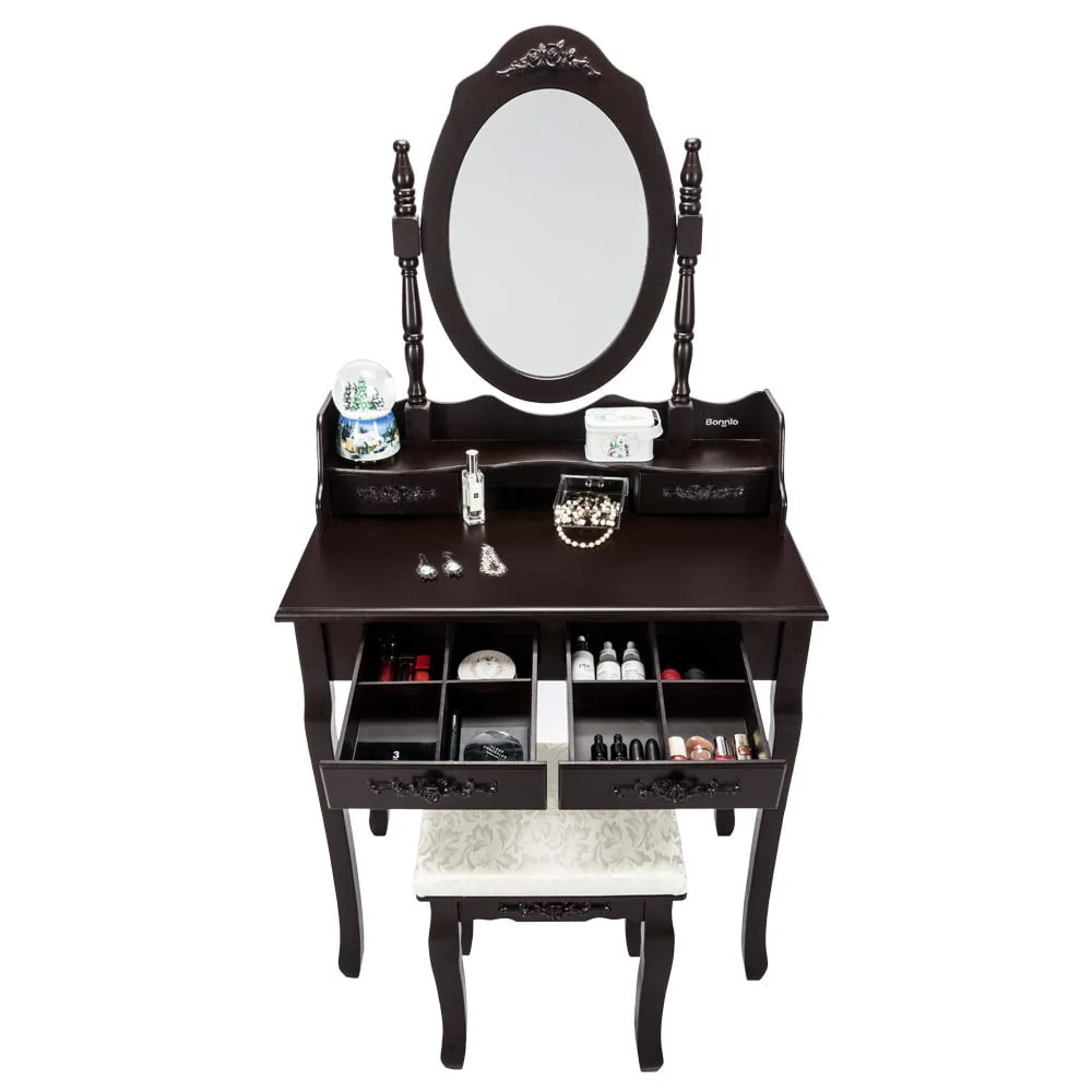 UBesGoo 4 Drawer Vanity Makeup Dressing Table Set w/Stool&Mirror Jewelry Wood Brown - Image 4