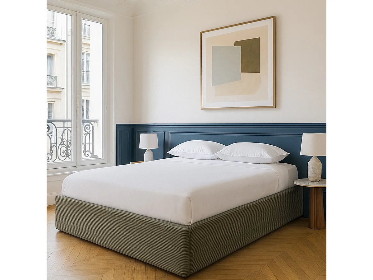 Lit coffre adulte 140x190 cm en velours côtelé vert avec sommier - Handy