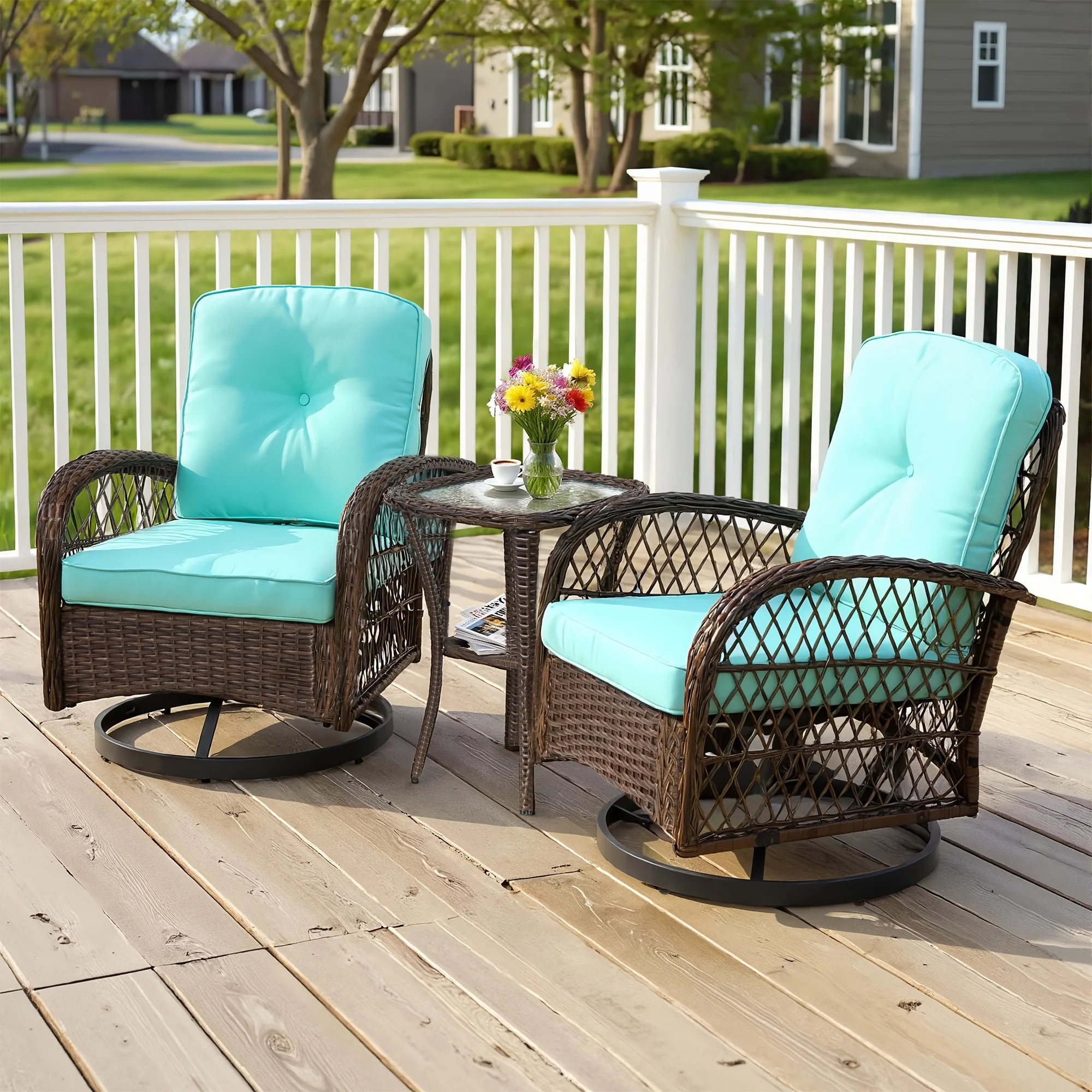 3 Piece Patio Swivel Rocker Chairs Set, 2 360-Degree Swivel Rocking Chairs with 1 Glass Top Table, PE Rattan Outdoor Bistro Set with Cushions for Balcony Deck Poolside Backyard Porch - Image 20