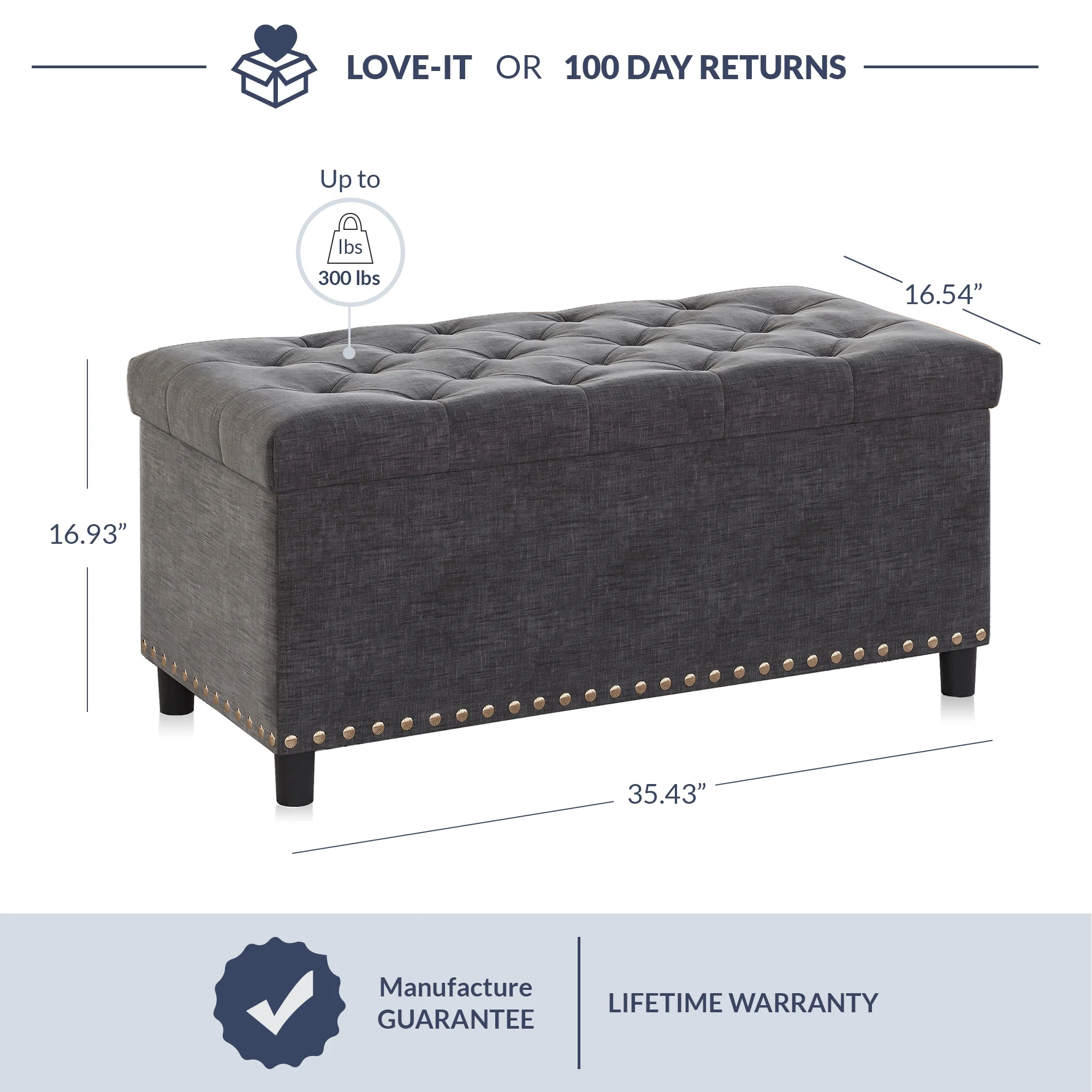 BELLEZE 35 Inch Storage Ottoman, Button-Tufted Ottoman Linen Storage Bench with Safety Close Hinge, Ottoman with Storage for Living Room, Entryway, Hallway, Foot Rest, Support 300lbs - Dark Grey