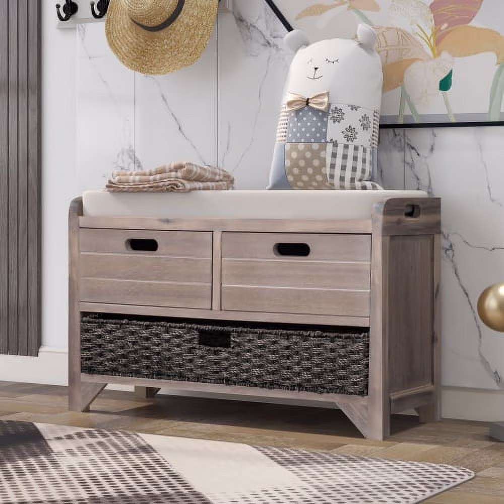 Solid Wood Storage Bench, Narrow Entryway Bench with 2 Drawers and Removable Basket, Classic Accent Shoe Bench with Storage and Removable Cushion for Hallway Living Room, Fully Assembled, Navy - Image 5