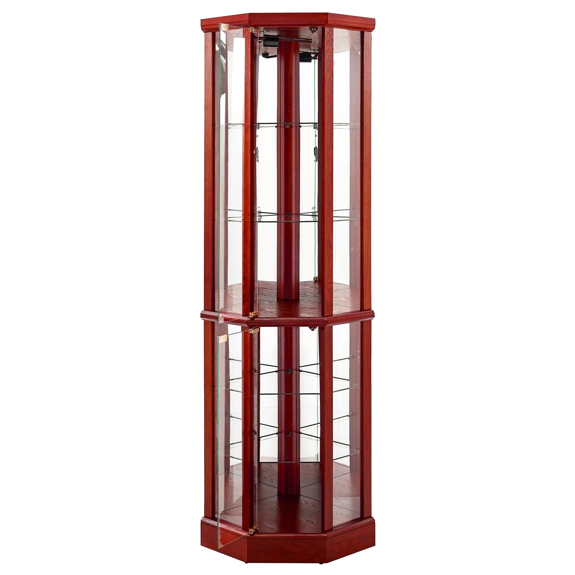 Walnut Cabinet With 6 Shelves, Adjustable Glass & Mirrored Back Design Shelf Lighted Corner Curio Shelves In - Image 23