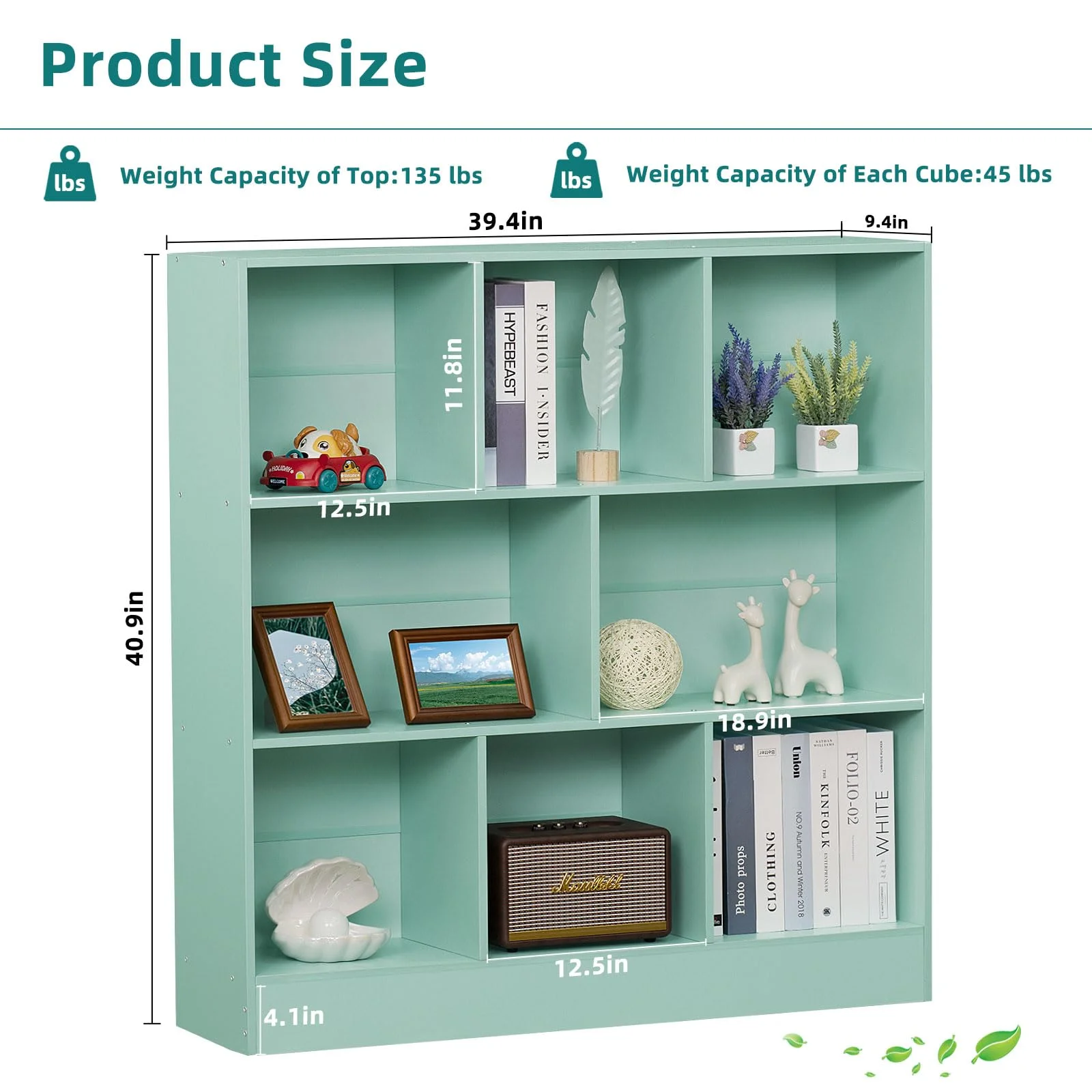8 Cube Bookshelf with Base,3 Tier Modern Mint-Green Bookcase,Standing Wide Bookshelves Storage Organizer Toy Shelf,Wood Display Children's Book Shelves for Bedroom,Living Room,Nursery