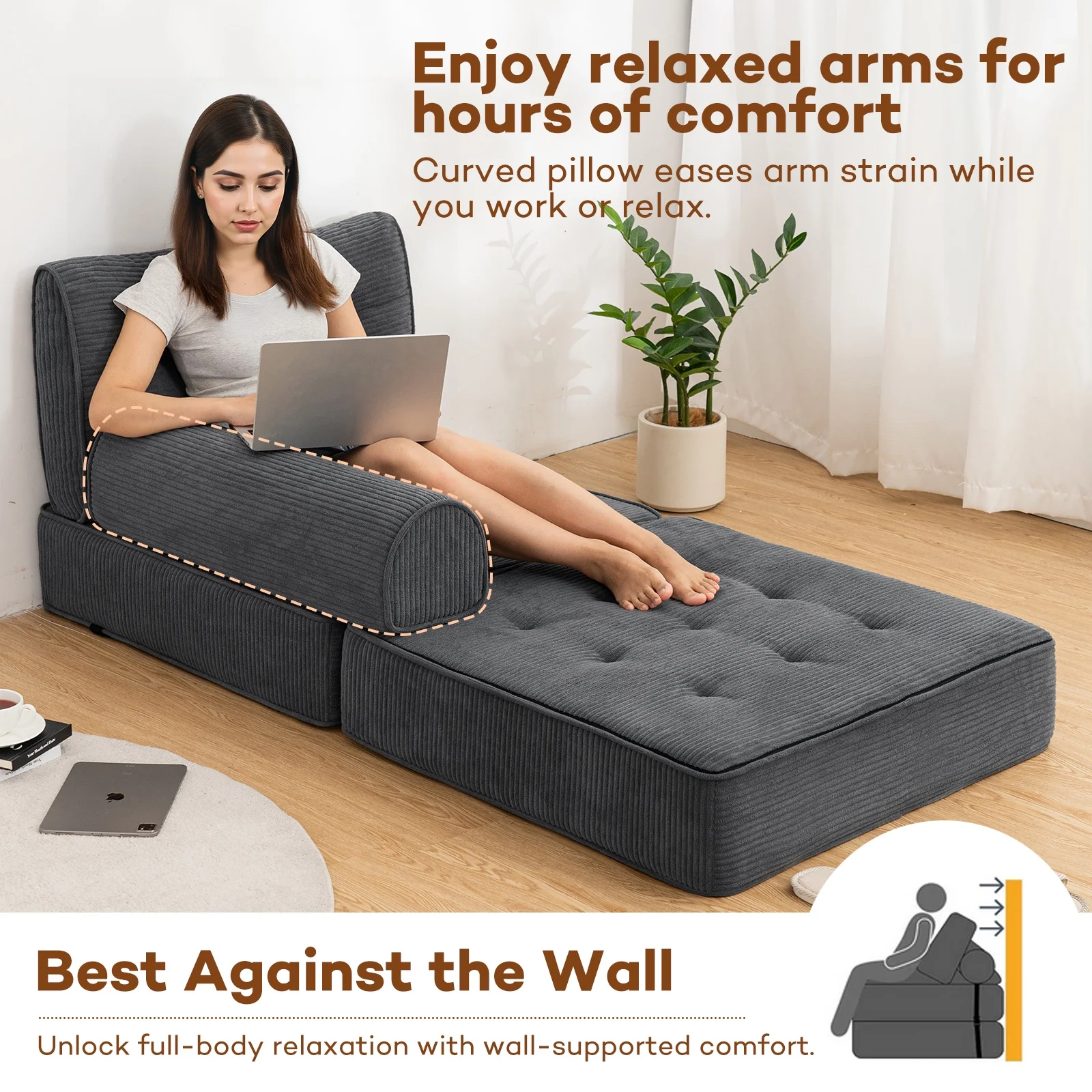 Hommpa Folding Sofa Bed Foldable Couch Bed Convertible Futon Chair with High Density Foam Filling with Pillow for Adult,Comfort chair bed for Living Room Bedroom,Gray,Single - Image 2