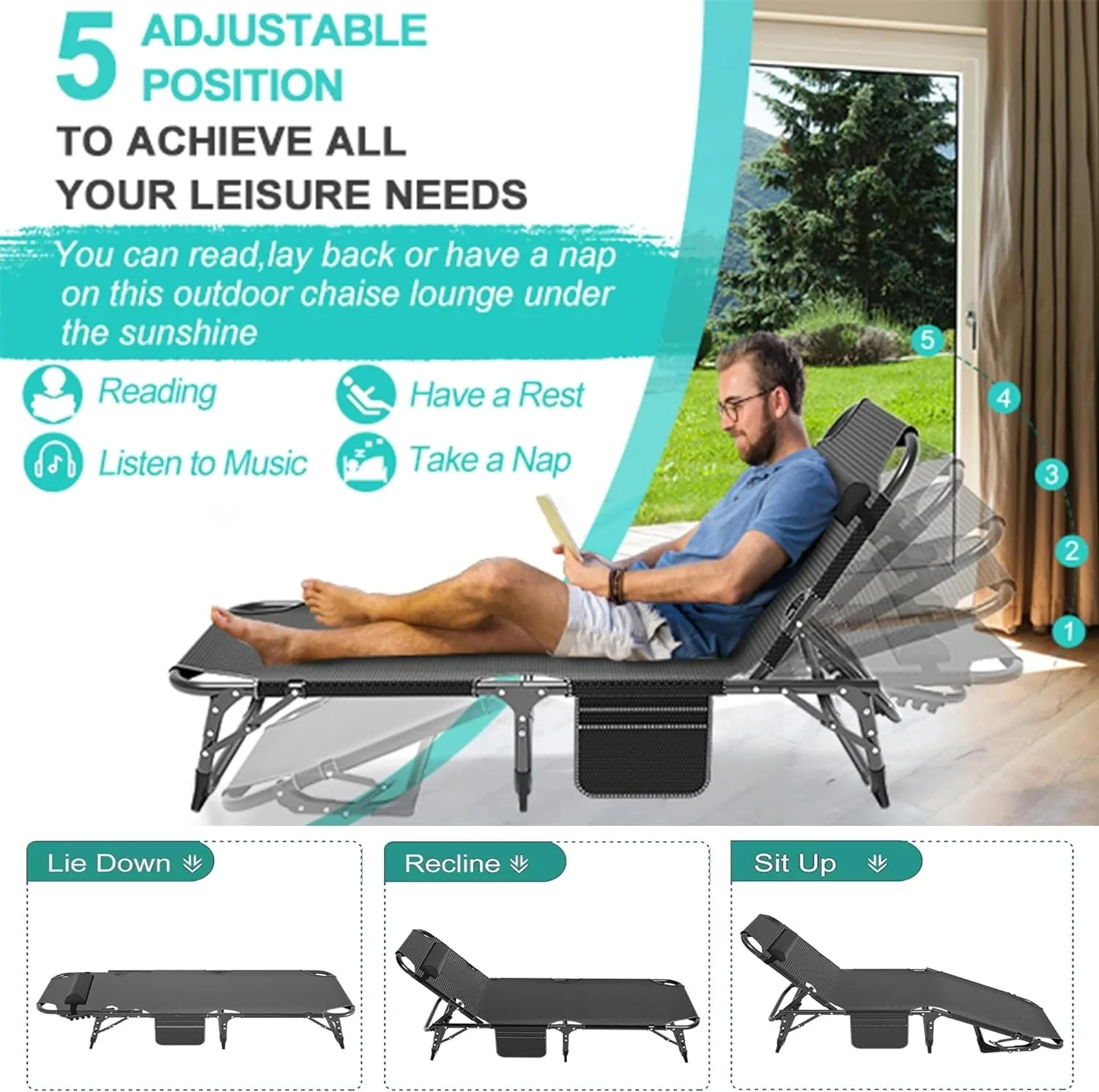 Slsy 5-Position Adjustable Folding Lounge Chair And Cot - 75.2" x 25.6" x 11.8" - Image 40 Slsy 5-Position Adjustable Folding Lounge Chair And Cot - 75.2" x 25.6" x 11.8" - Image 40