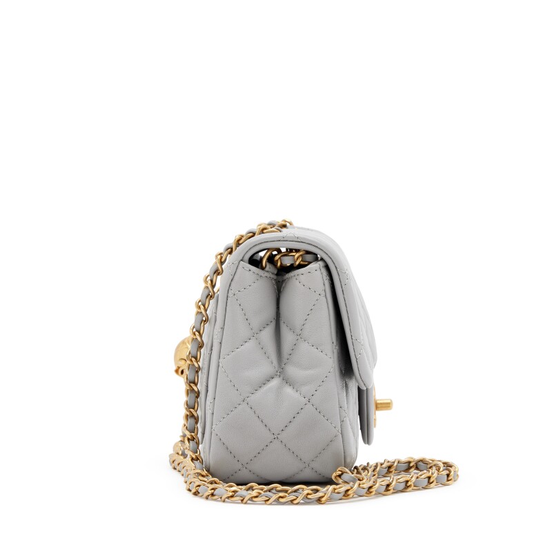 Premium Light Grey Quilted Leather Mini Flap Bag with Adjustable Golden Sphere - COZYMIZE