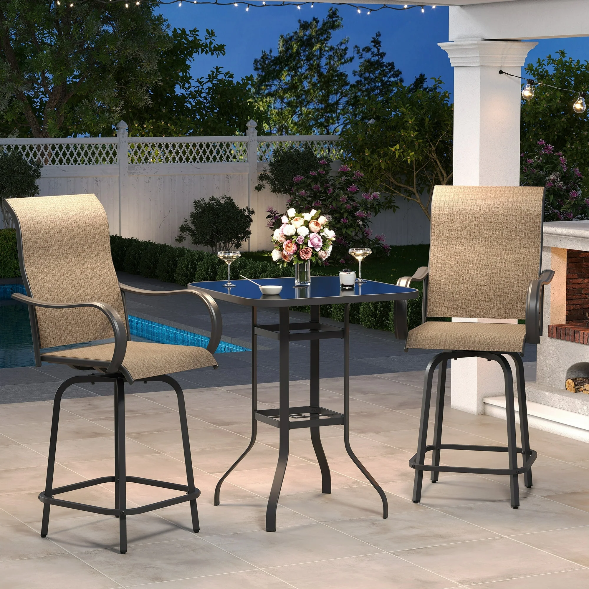 Poteban Patio Bar Height Table with Umbrella Hole, 2-Tier High Top Outdoor Bistro Table, Square Tempered Glass Metal Table for Patio, Lawn, Bar