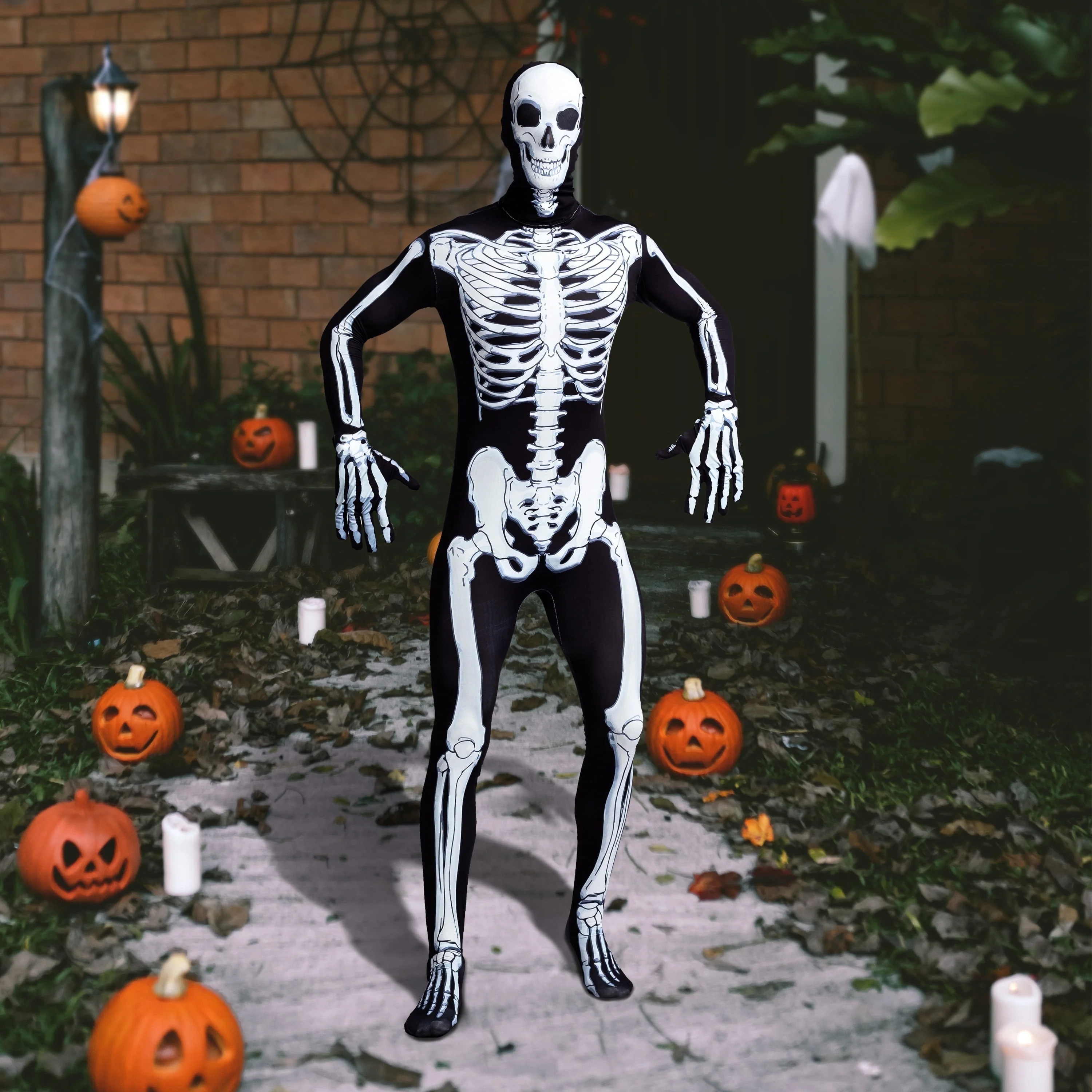 Joyfy Skeleton Costume for Adults, Skeleton Bone Bodysuit Halloween Costumes for Men with Skeleton Hood Mask, Halloween Party Fancy Dress-up - Image 2 Joyfy Skeleton Costume for Adults, Skeleton Bone Bodysuit Halloween Costumes for Men with Skeleton Hood Mask, Halloween Party Fancy Dress-up - Image 2