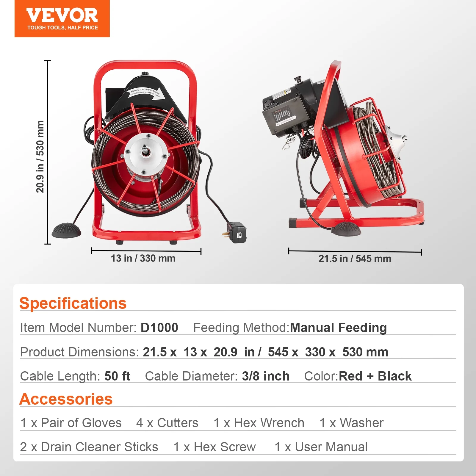 VEVOR Drain Cleaner Machine 50FT x 3/8 Inch, Sewer Snake Auger Manual Feed, 250W Electric Drain Cleaning Machine with 4 Cutters & Air-activated Foot Switch for 2